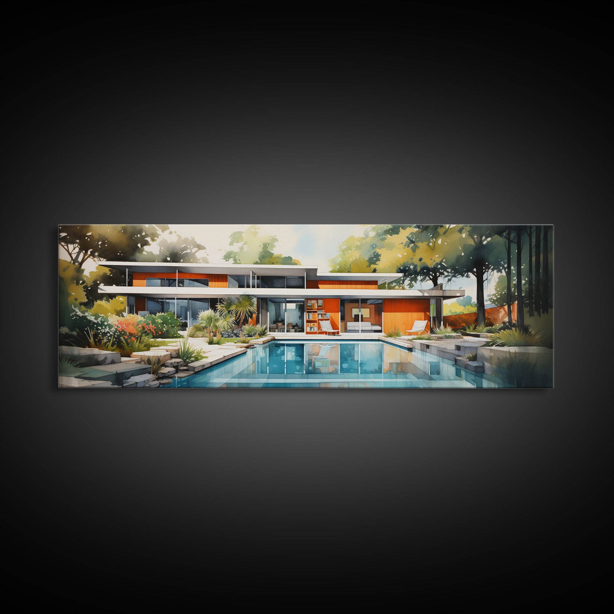 Midcentury Modern Architecture Wall Art, Framed Canvas Print, 50s Style Home Decor, Retro Art, MCM Wall Hanging, Panoramic Art