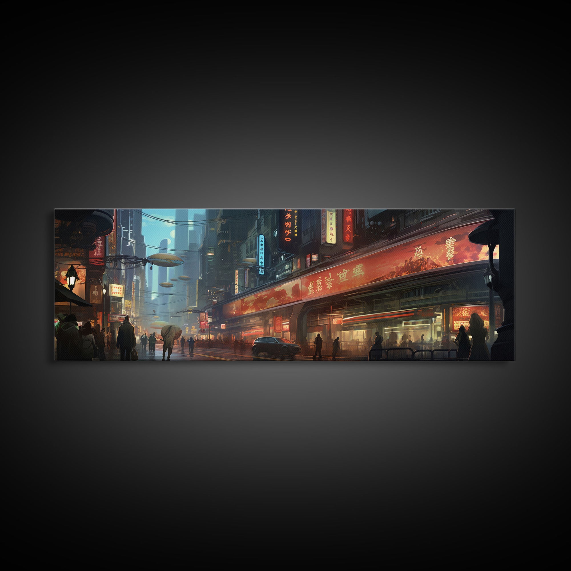 Futuristic Cyberpunk City, Framed Canvas Print, Dystopian Art, Metropolis Painting, Unique Office Decor