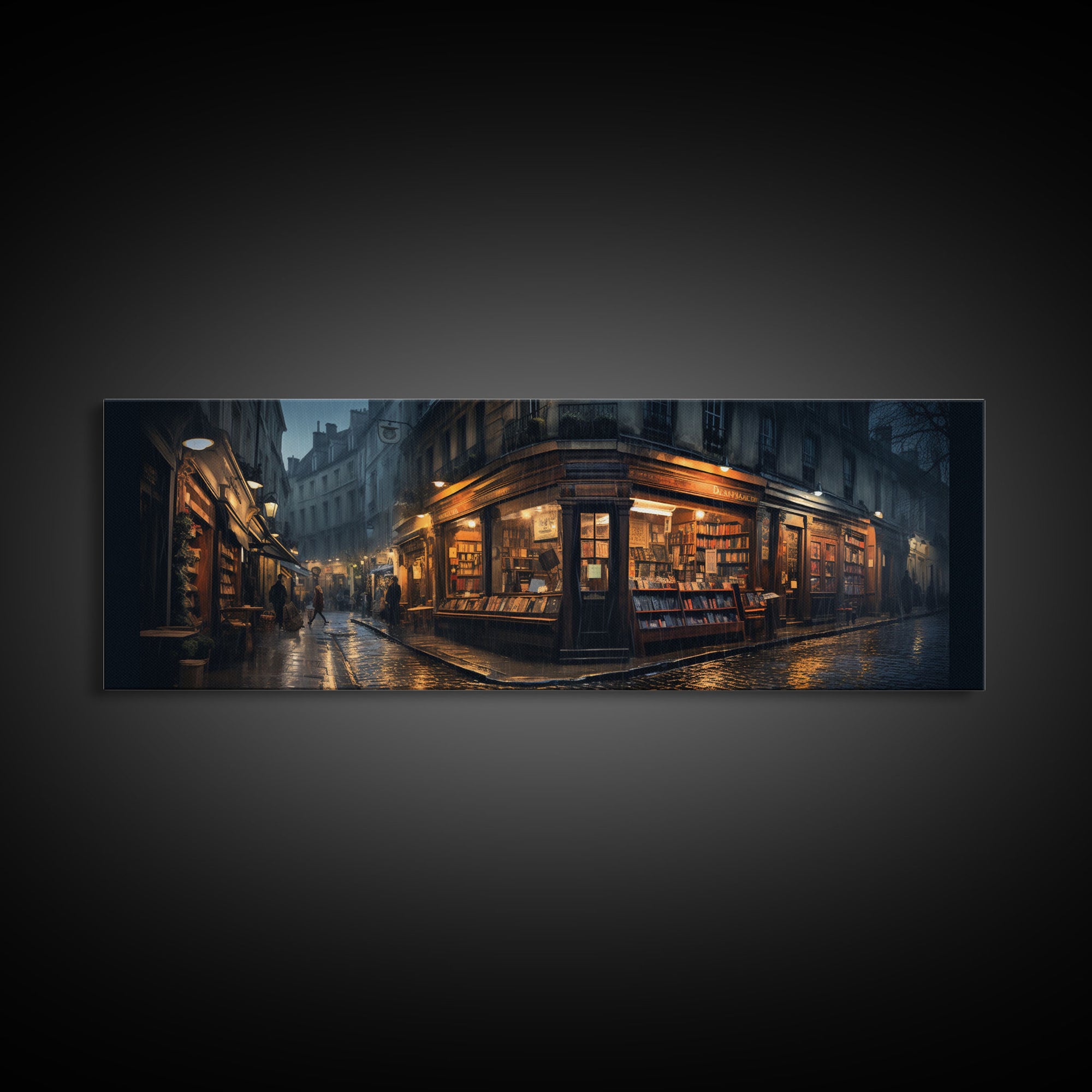 The Book Shop in Paris, Framed Canvas Print, Paris On A Rainy Night, Living Room Decor, Victorian Oil Painting