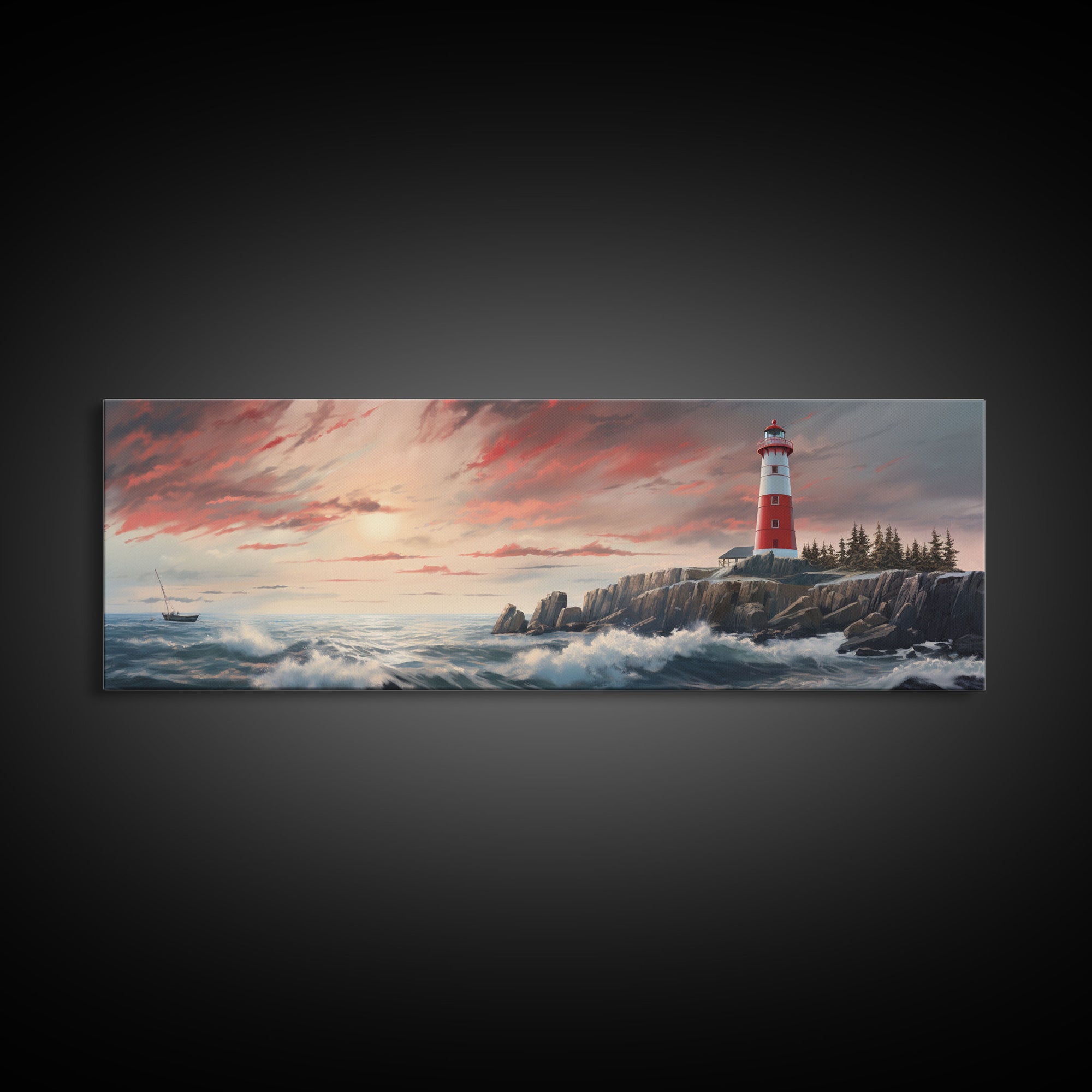 Lighthouse On A Rocky Cliff At Sunset, Framed Canvas Print / Wall Art, Watercolor Painting of a Nautical Scene