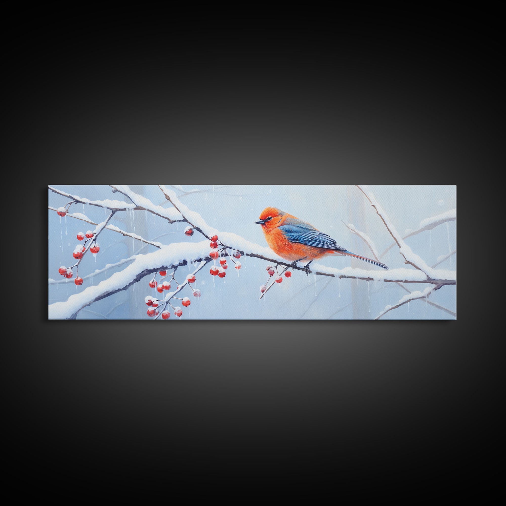 Panoramic Print of a Bluebird In A Snow Storm, Winter Decor, Christmas Centerpiece, Beautiful Animal Print, Animal Painting, Canvas Print