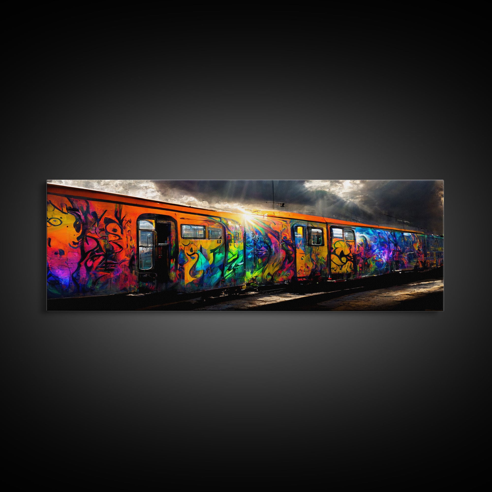 Graffiti Covered Train, Colorful Graffiti Art, Extra Large Wall Art, Framed Panoramic Canvas Print, Framed Wall Decor | Wall Art