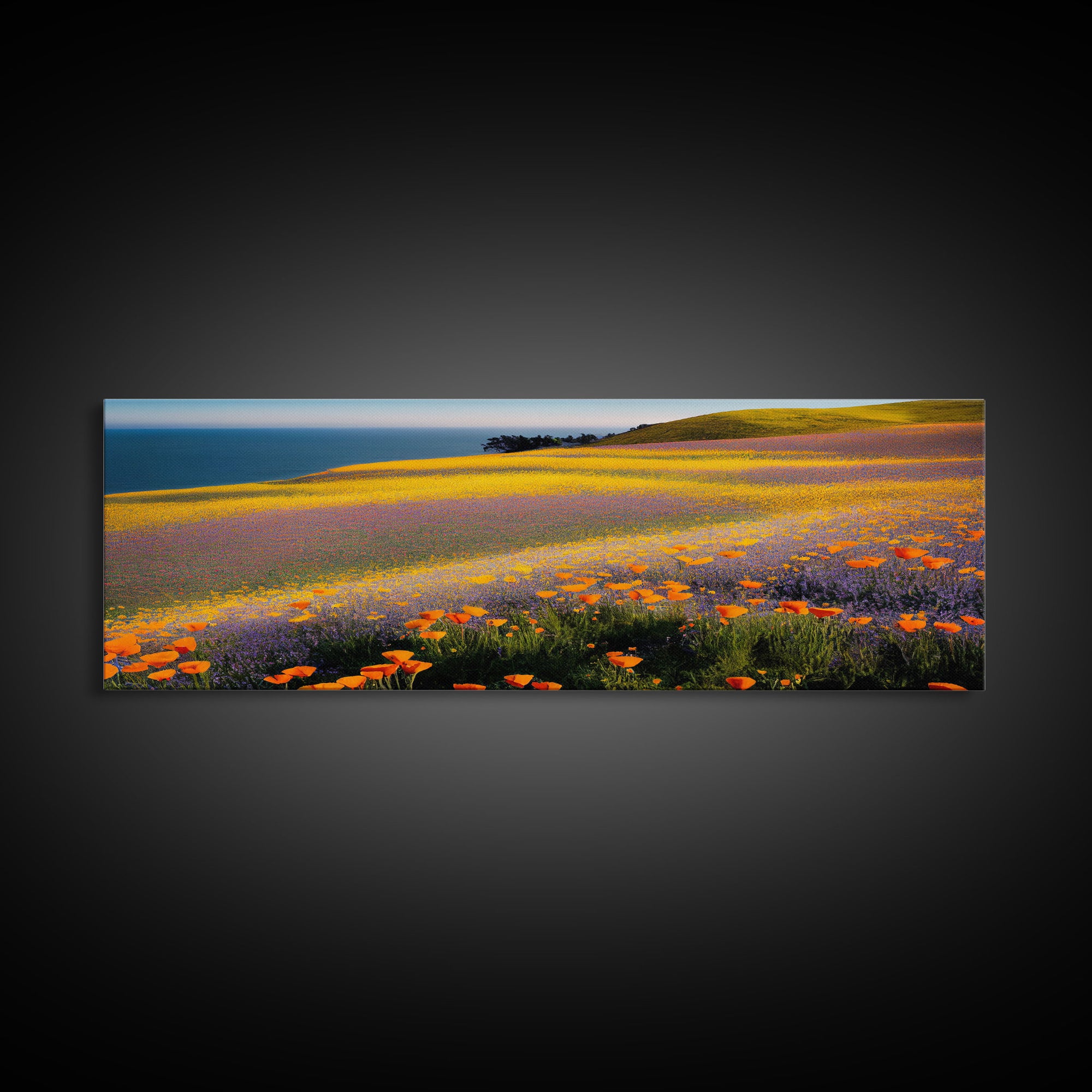 Orange and Purple Flowers in Bloom, Office Poster, Extra Large Wall Art, Framed Panoramic Canvas Print, Framed Wall Decor