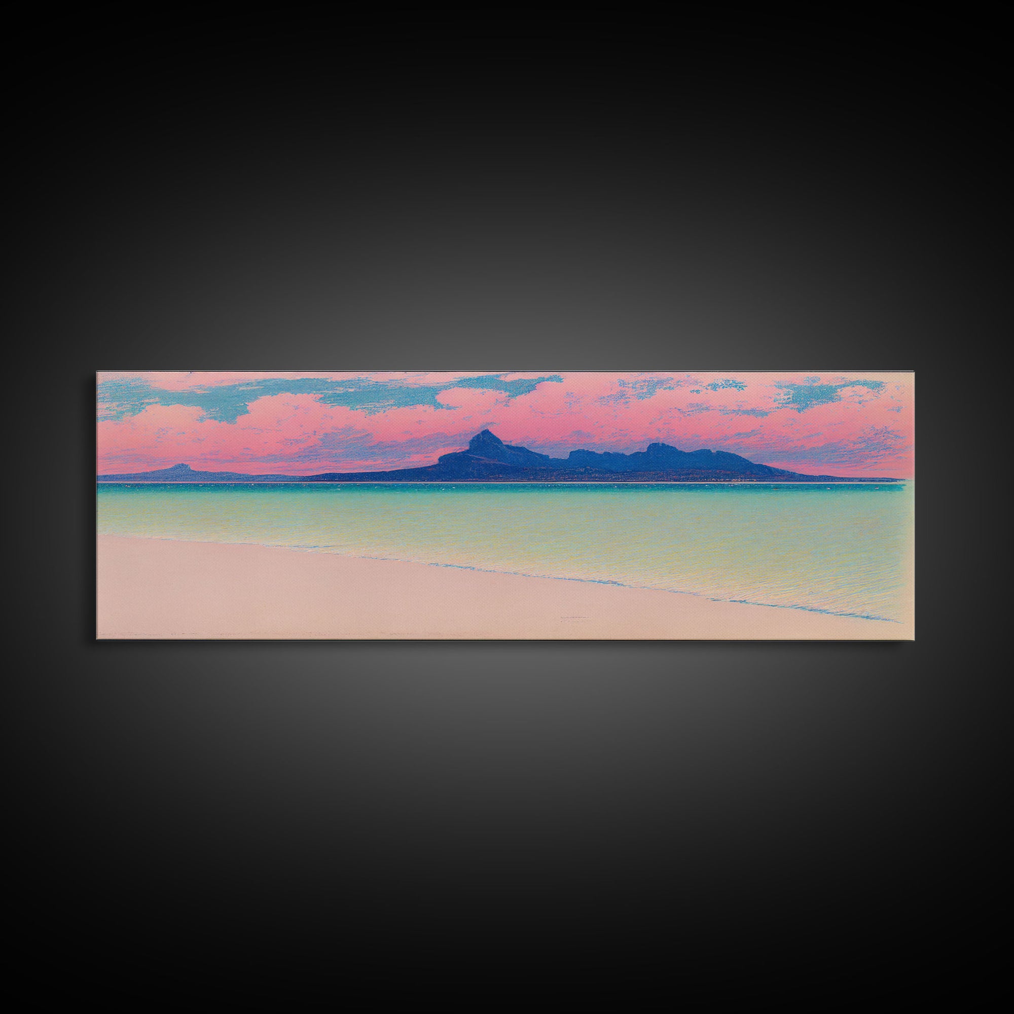 Neon Pink Beach, Cool Abstract Art, Extra Large Wall Art, Framed Panoramic Canvas Print, Framed Wall Art