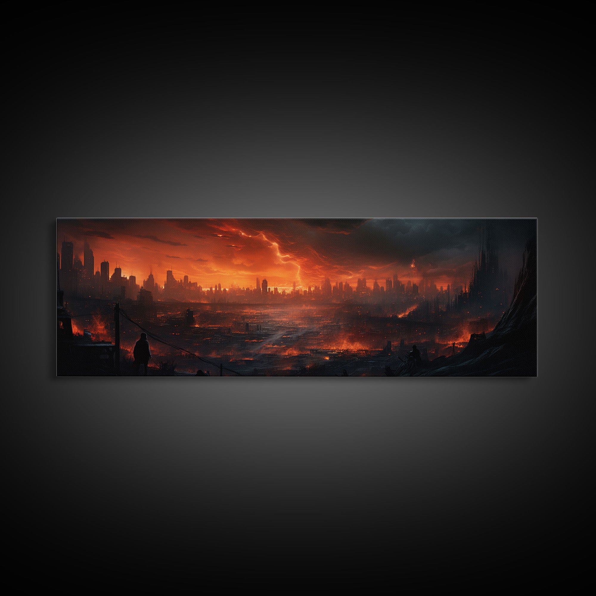 The Burning City Panoramic Canvas Print, Framed Halloween Art, Spooky Decor, Halloween Art, Halloween Wall Art, Halloween Art Print