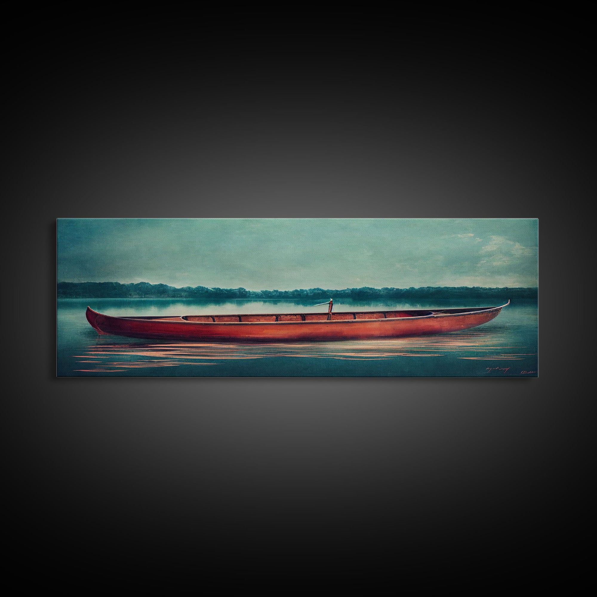 Cool Lakehouse Art, Canoe on the Lake Watercolor, Extra Large Wall Art, Framed Panoramic Canvas Print, Framed Wall Decor