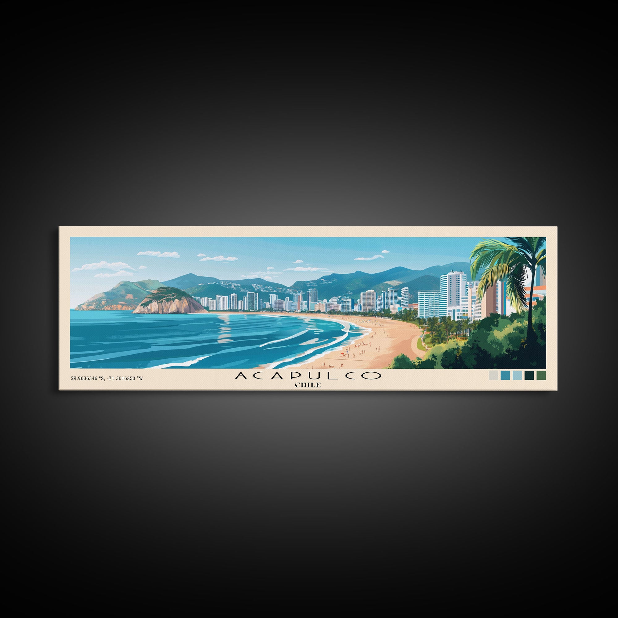 Acapulco, Chile Panoramic Beach Print, Vacation Gift, Chile Wall Art, Beach Painting, Beach Decor, Beach Painting