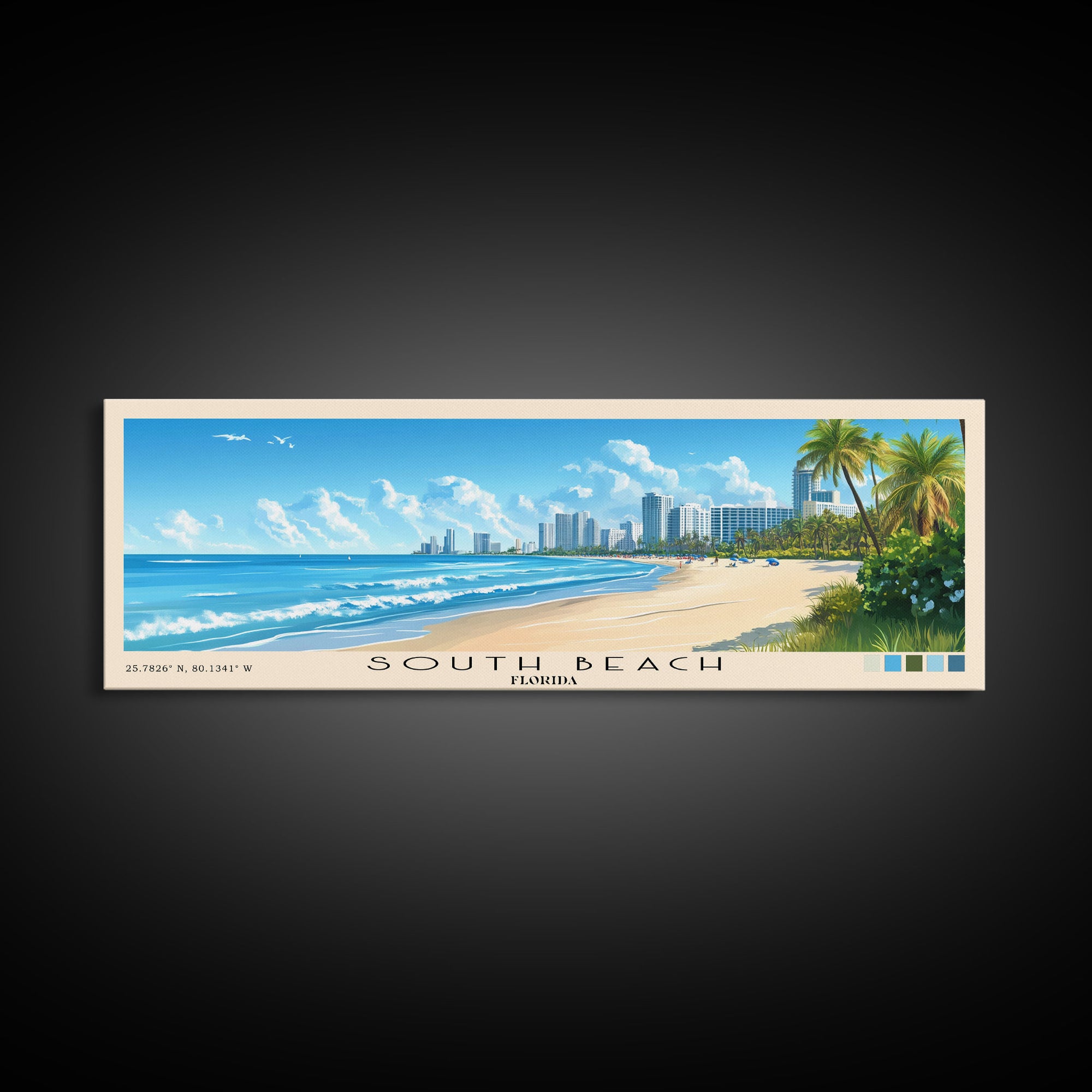 South Beach, Florida Panoramic Print, Vacation Gift, Florida Wall Art, Beach Painting, Beach Decor, Beach Or Lakehouse Art