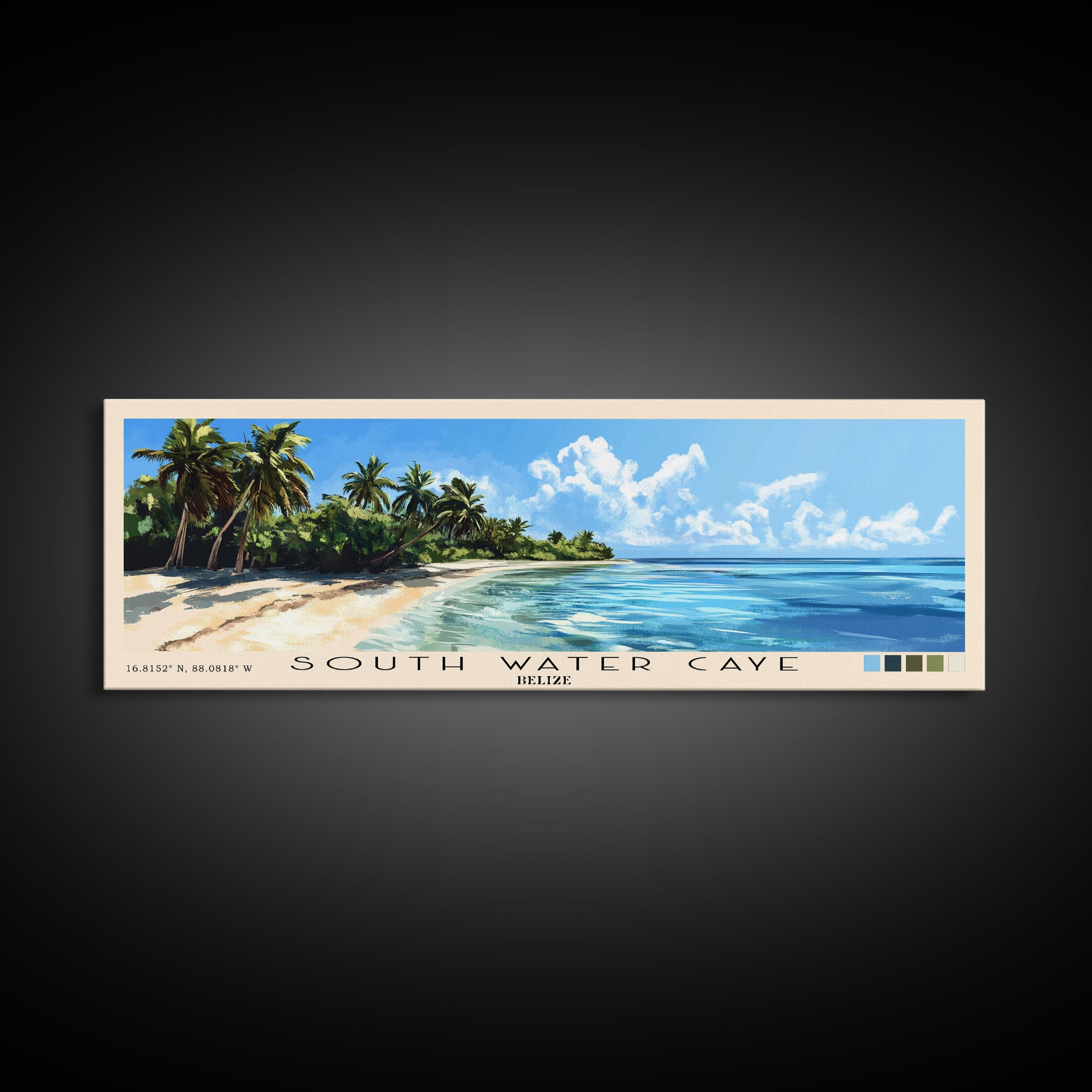 South Water Caye, Belize Panoramic Beach Print, Vacation Gift, Belize Wall Art, Framed Canvas Print, Framed Beach Painting