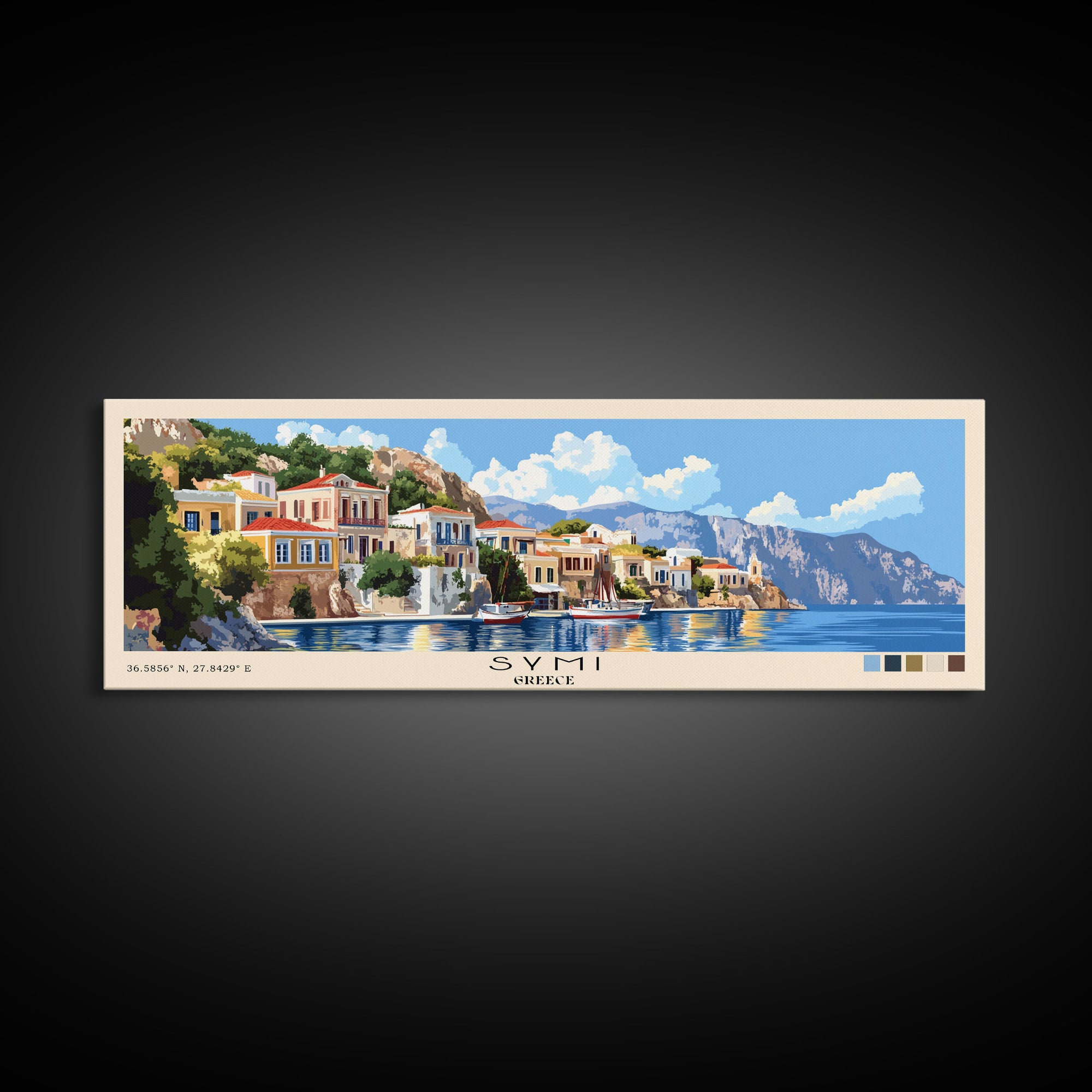 Symi, Greece Panoramic Beach Print, Vacation Gift, Greece Wall Art, Beach Painting, Beach Decor, Beach Painting