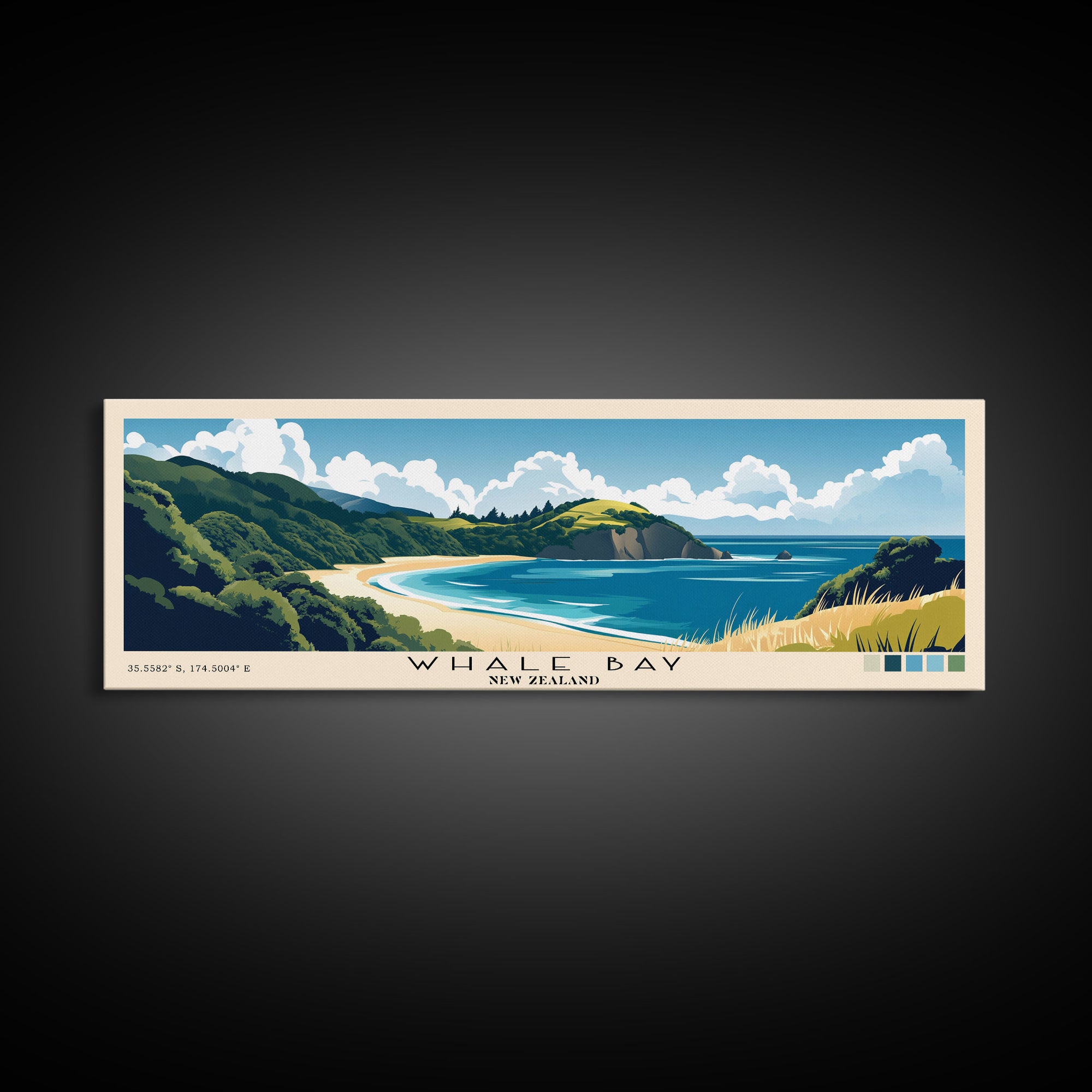 Whale Bay, New Zealand Panoramic Beach Print, Vacation Gift, New Zealand Wall Art, Framed Canvas Print, Framed Beach Painting