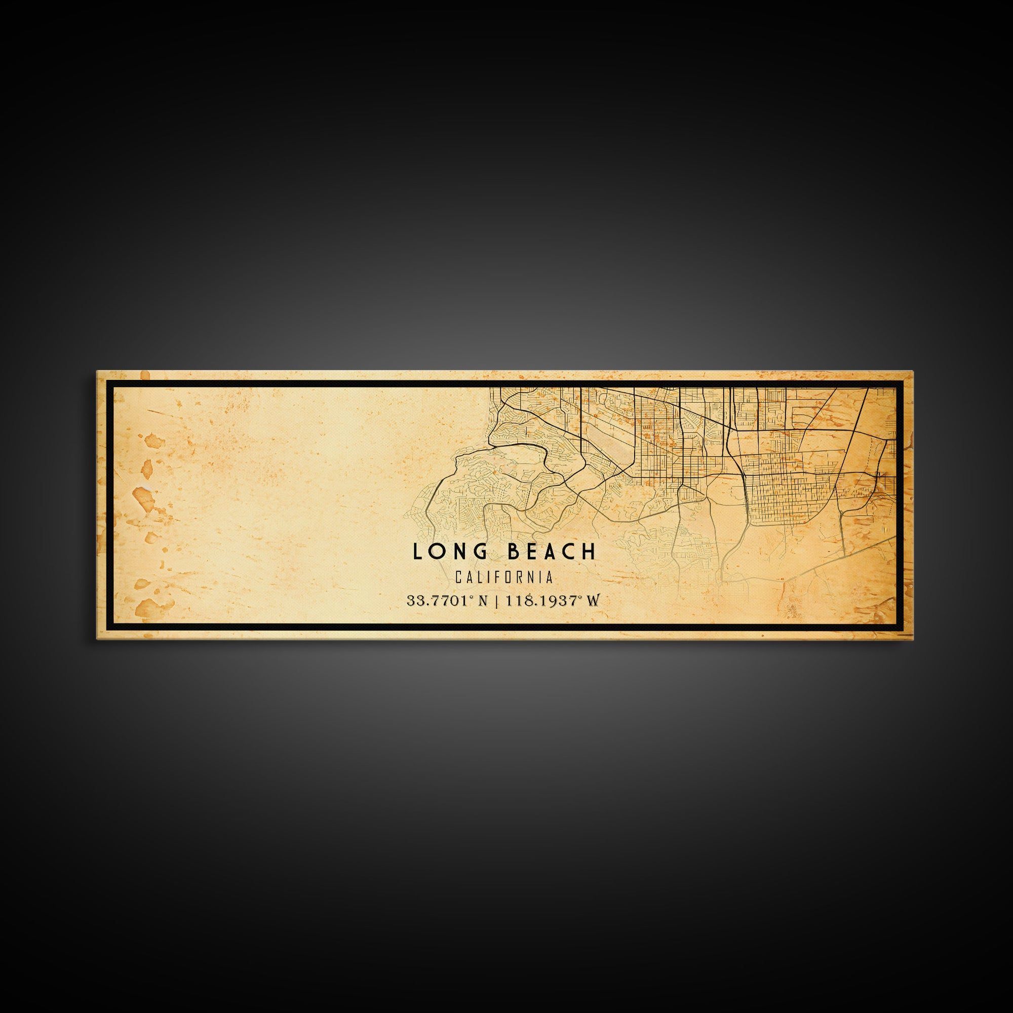 Panoramic Long Beach map print poster or framed canvas | California map print poster canvas | city map print poster canvas, distressed map