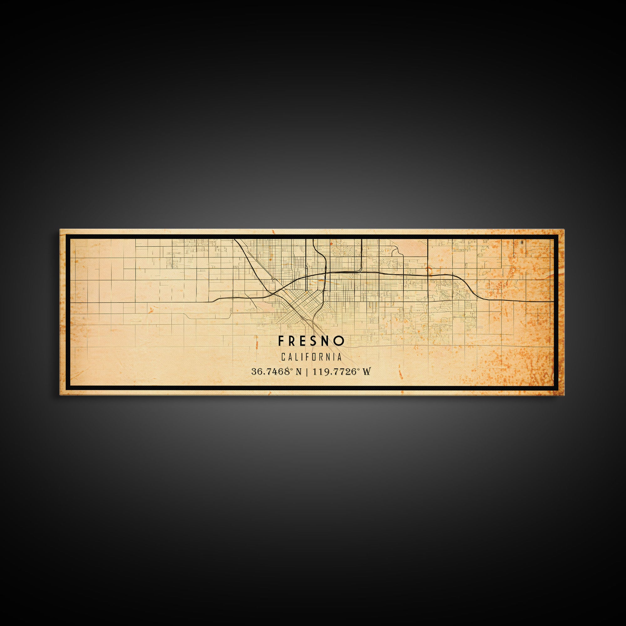 Panoramic Distressed Fresno California Map, Framed Canvas Print Or Poster, California Map Print, City Wall Art Map Print, Rustic Map Art