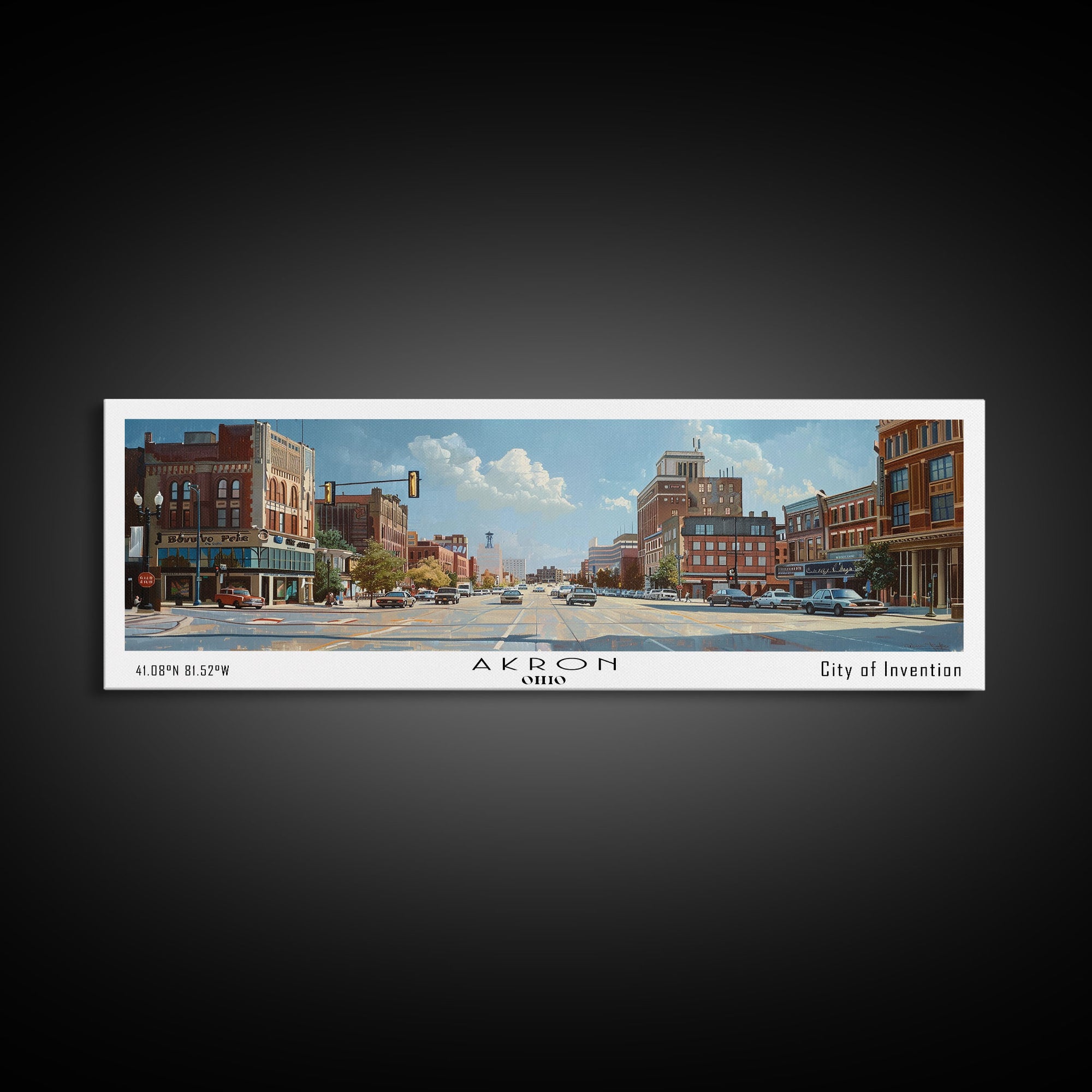 Akron Ohio Panoramic Painting, Watercolor Framed Canvas Print, Scenic Cityscape, Travel Poster, Home Decor, Wall Hanging, Living Room Art