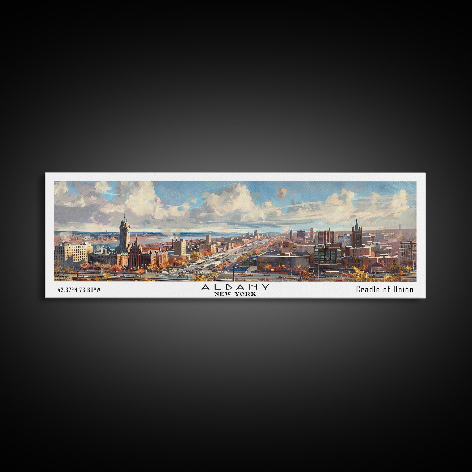 Albany New York Panoramic Painting, Watercolor Framed Canvas Print, Scenic City Art, Travel Poster, Home Decor, Wall Art, Gift Idea