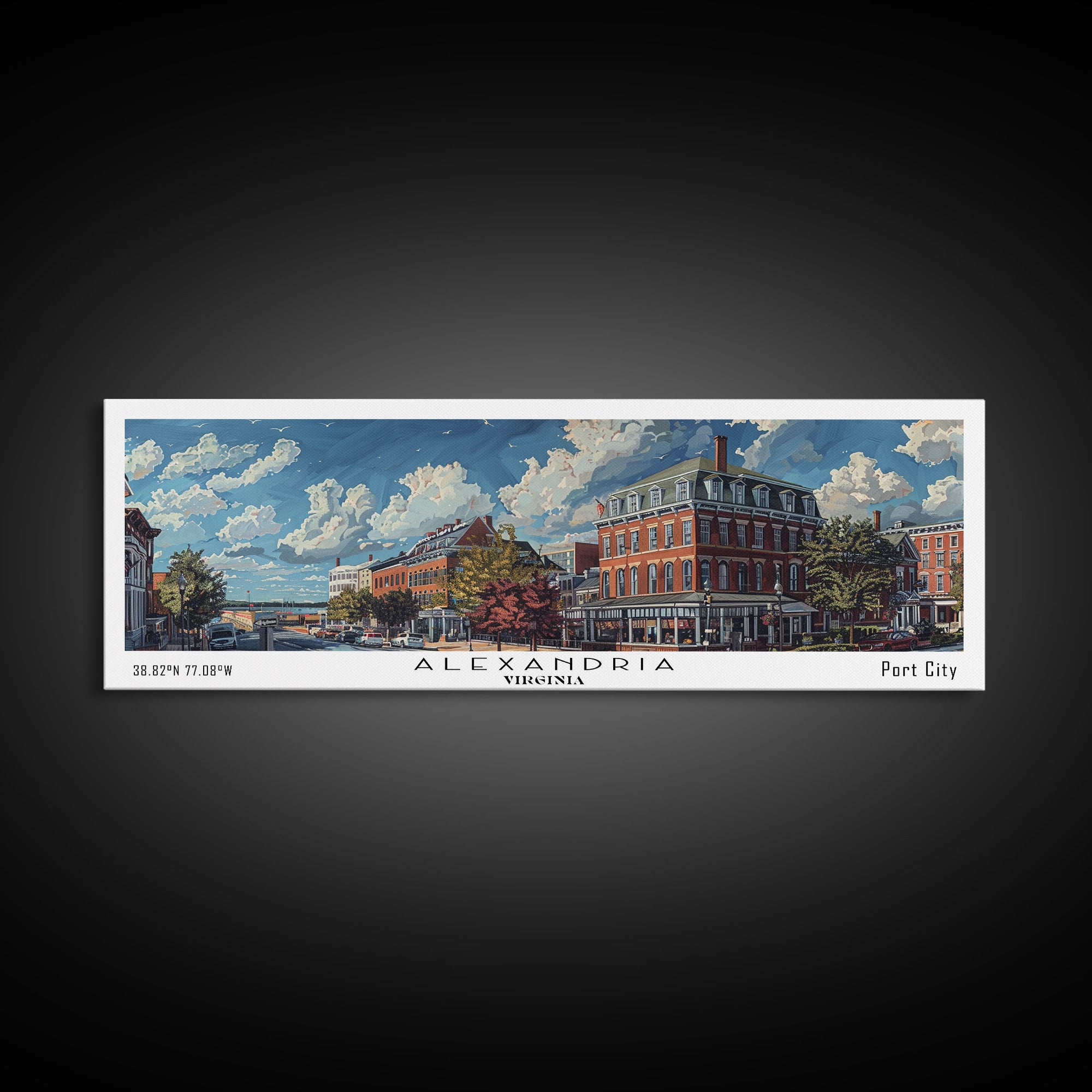 Alexandria Virginia Panoramic Painting, Watercolor Framed Canvas Print, Scenic City Art, Travel Poster, Wall Hanging, Home Decor, Living Room Art