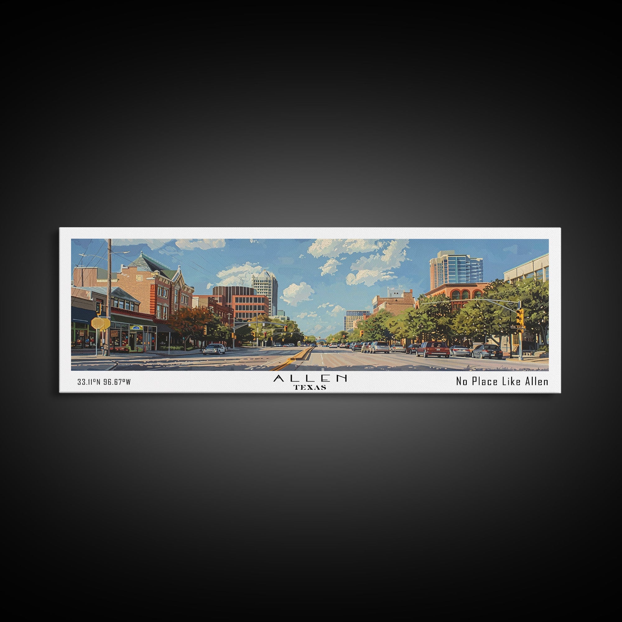 Allen Texas Panoramic Painting, Watercolor Framed Canvas Print, Scenic City Art, Travel Poster, Home Decor, Wall Hanging, Office Wall Art