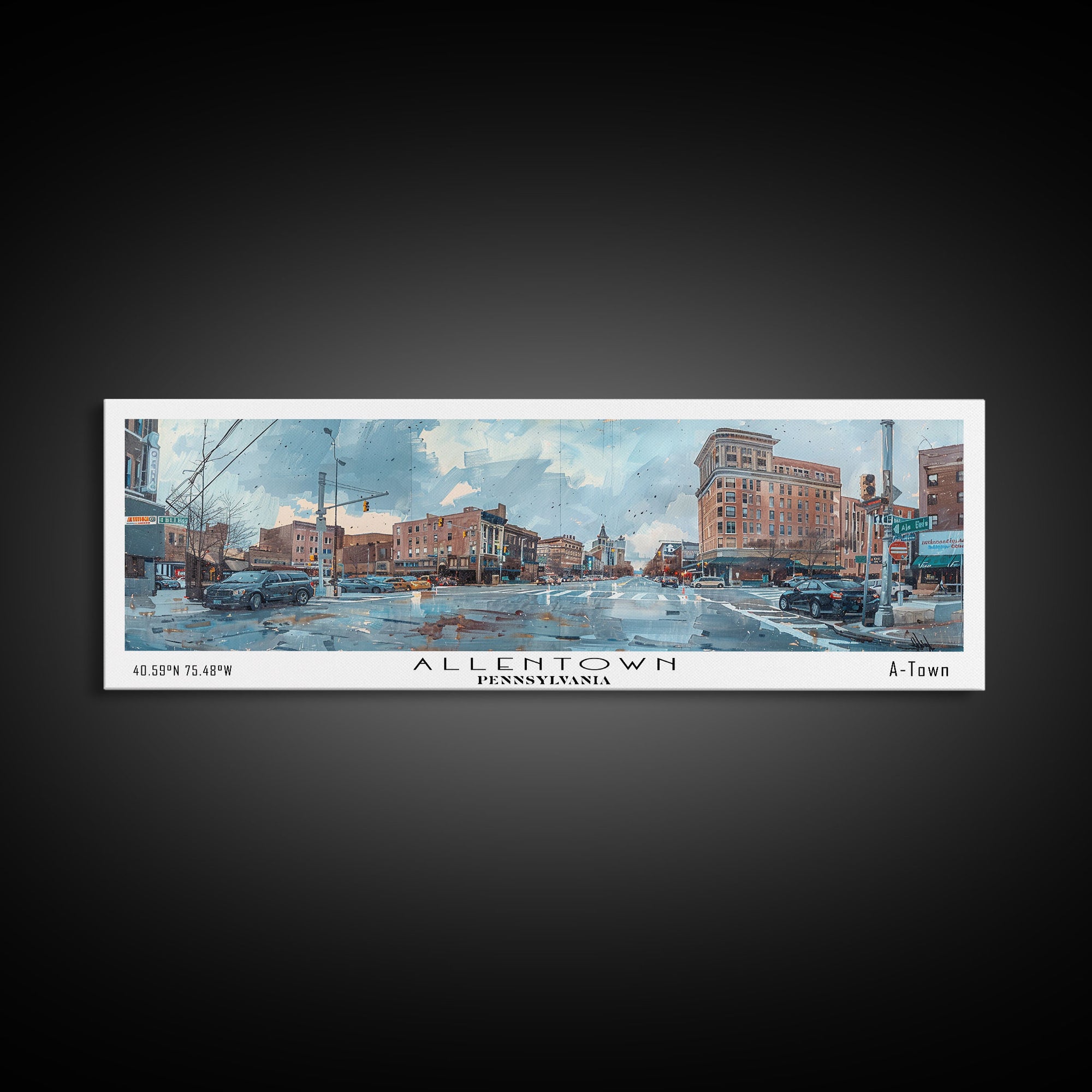 Allentown Pennsylvania Panoramic Painting, Watercolor Framed Canvas Print, Scenic City Art, Travel Poster, Home Decor, Office Wall Art, Gift Idea