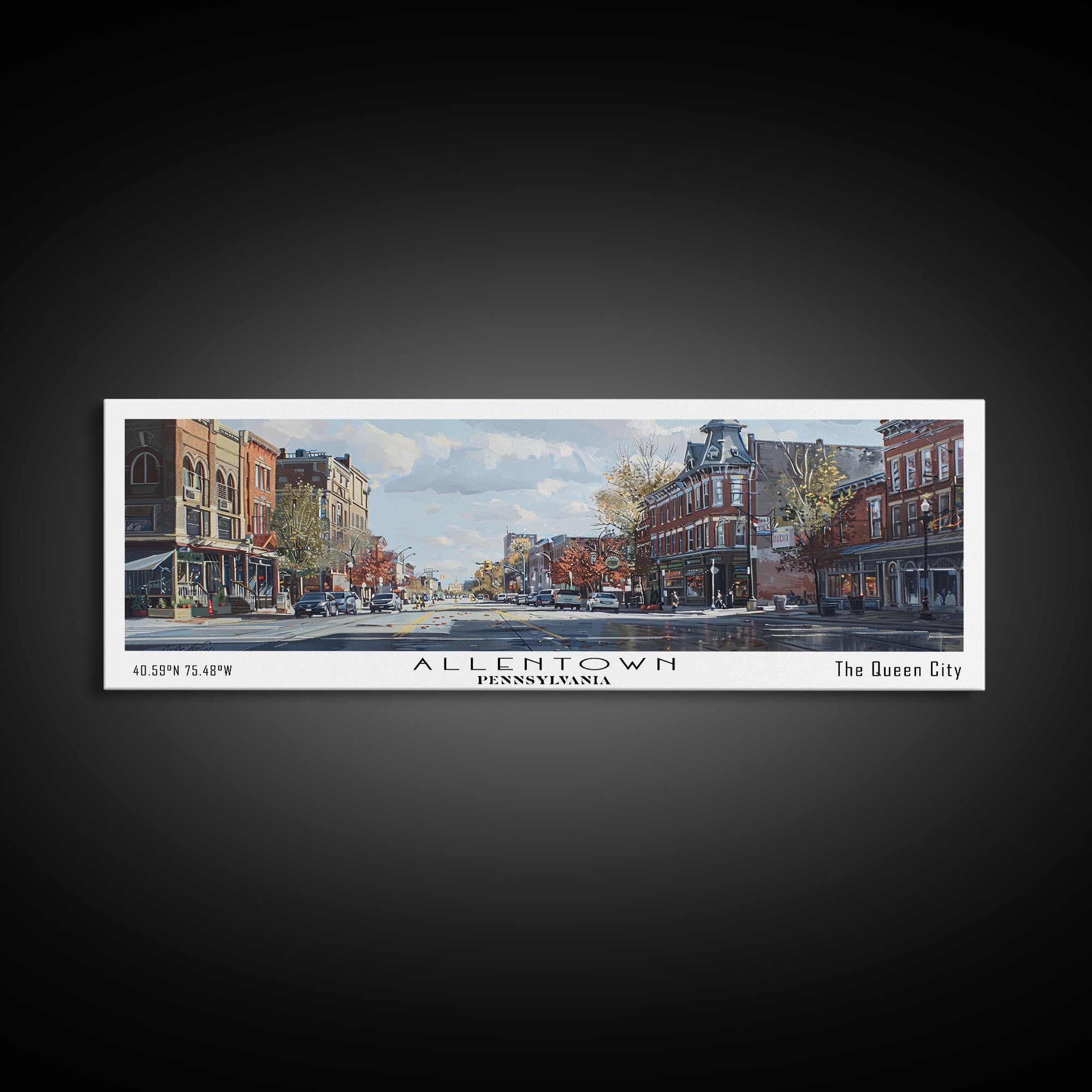 Allentown Pennsylvania Panoramic Watercolor Painting, Framed Canvas Print, Scenic City Art, Travel Poster, Home Decor, Wall Hanging, Living Room Art