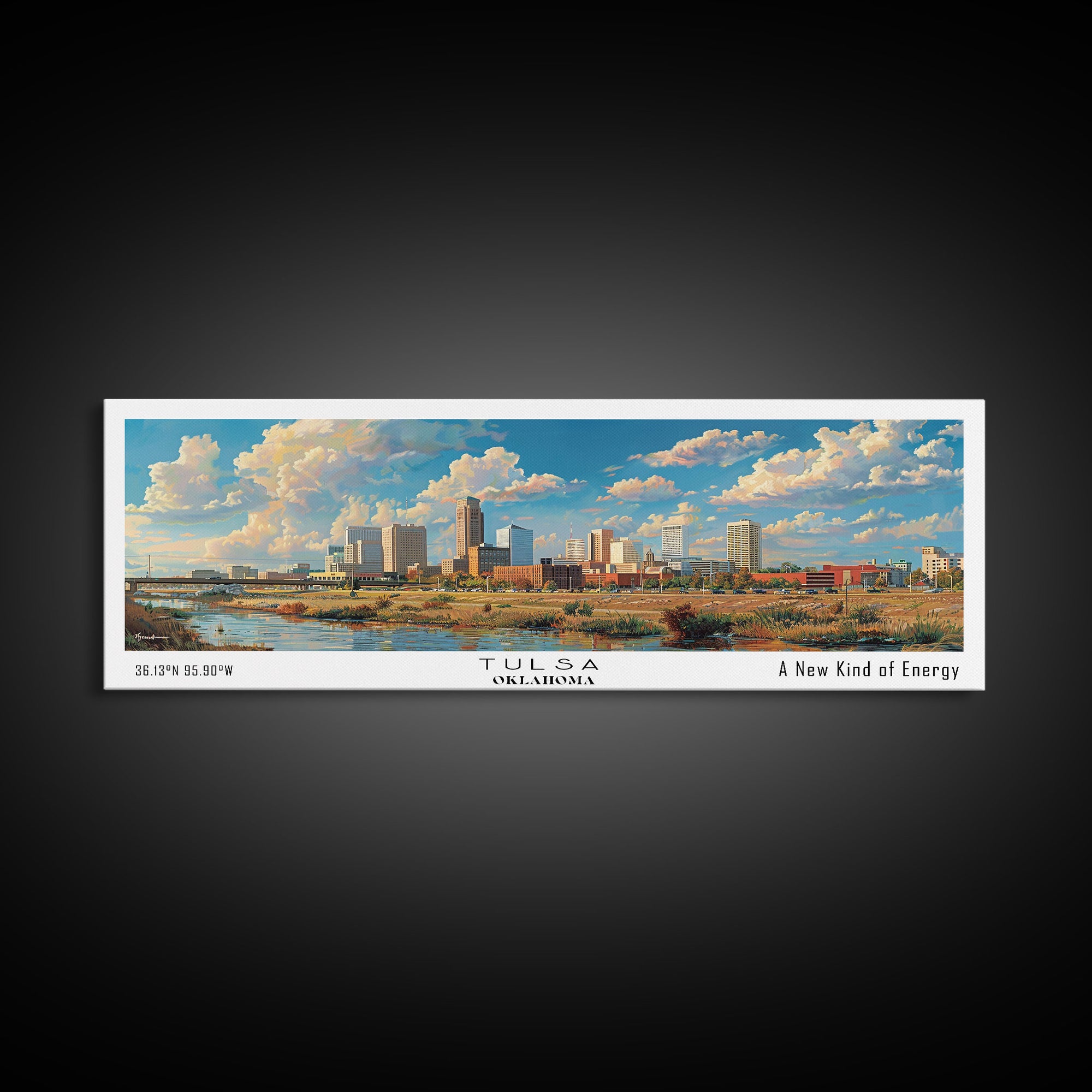 Tulsa Oklahoma Panoramic Framed Canvas Print, Retro Wall Art, Travel Poster, Artistic Living Room Decor, Unique Office Gift, Original Artwork