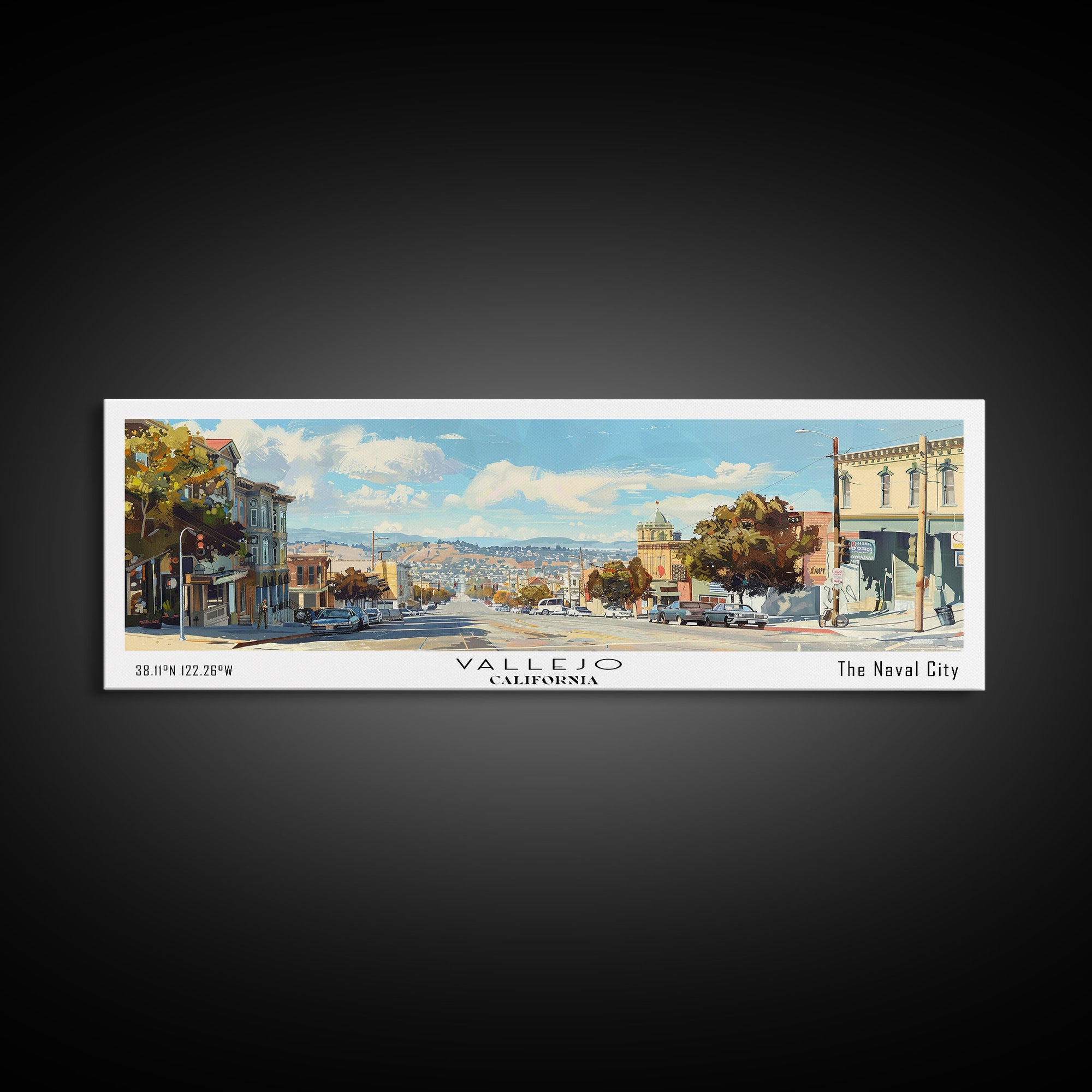 Vallejo California Panoramic Framed Canvas Print, Retro Travel Poster, Unique Wall Art, Artistic Living Room Decor, Office Gift, Home Decoration