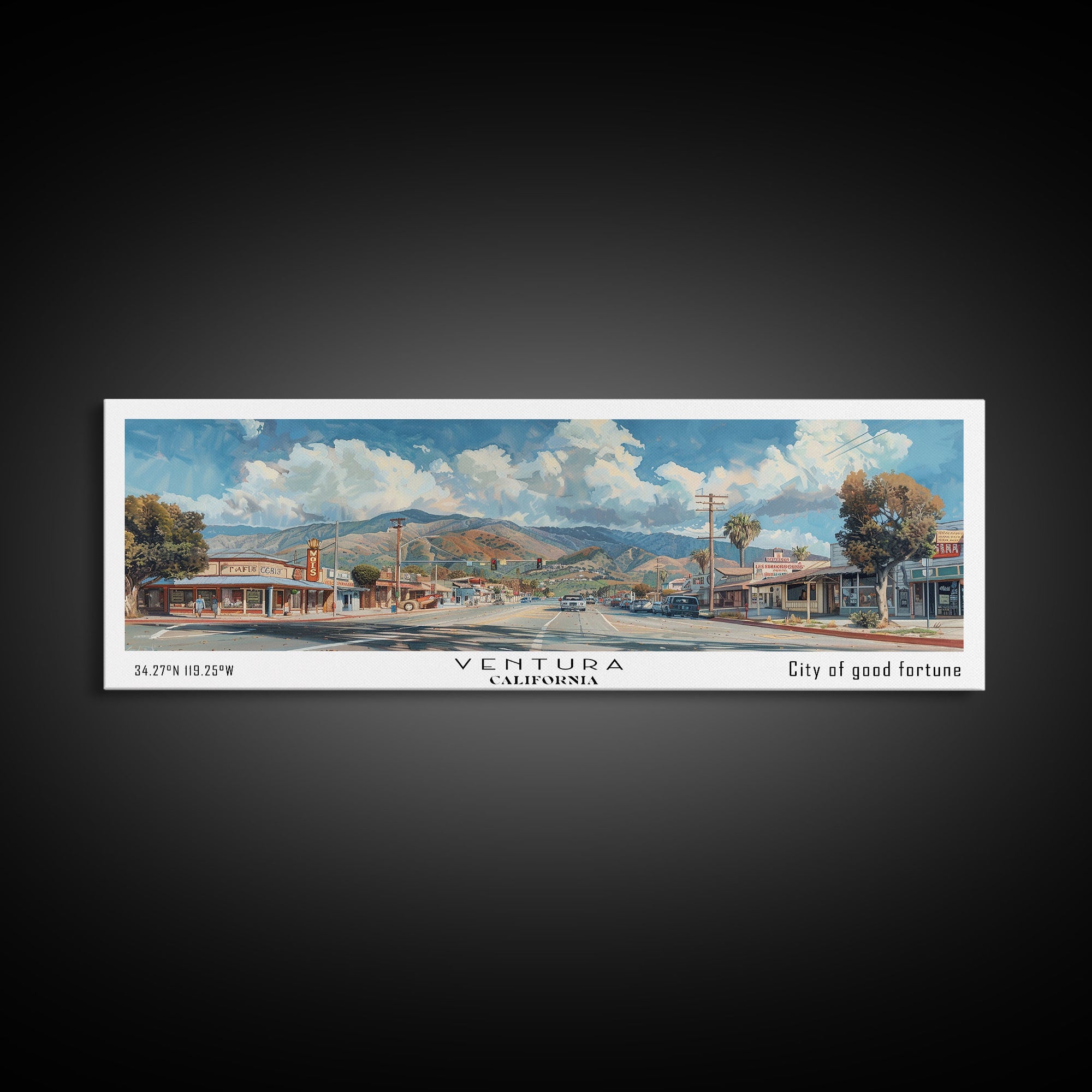 Ventura California Panoramic Painting, Framed Canvas Print, Artistic Travel Poster, Retro Wall Art, Unique Office Decor, Living Room Gift