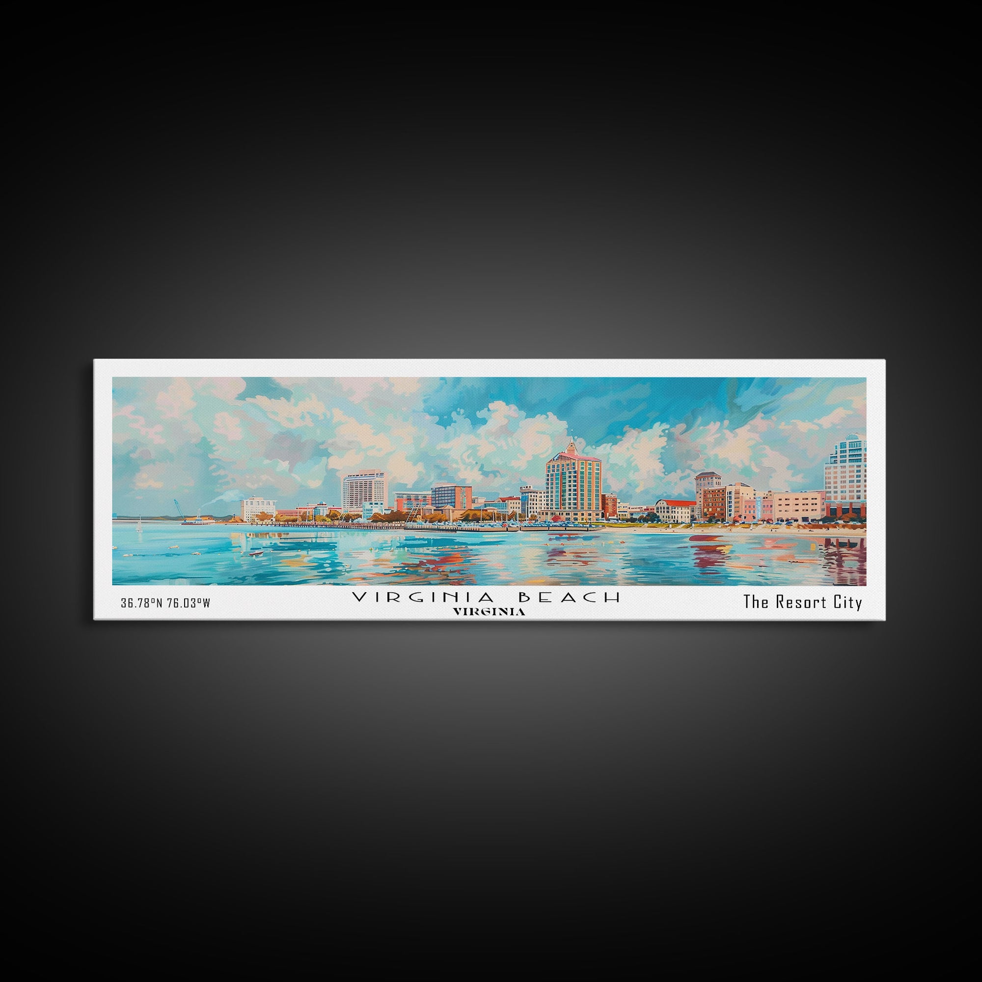 Virginia Beach Virginia Panoramic Painting, Framed Canvas Print, Retro Style Travel Poster, Unique Home Decor, Artistic Office Wall Art