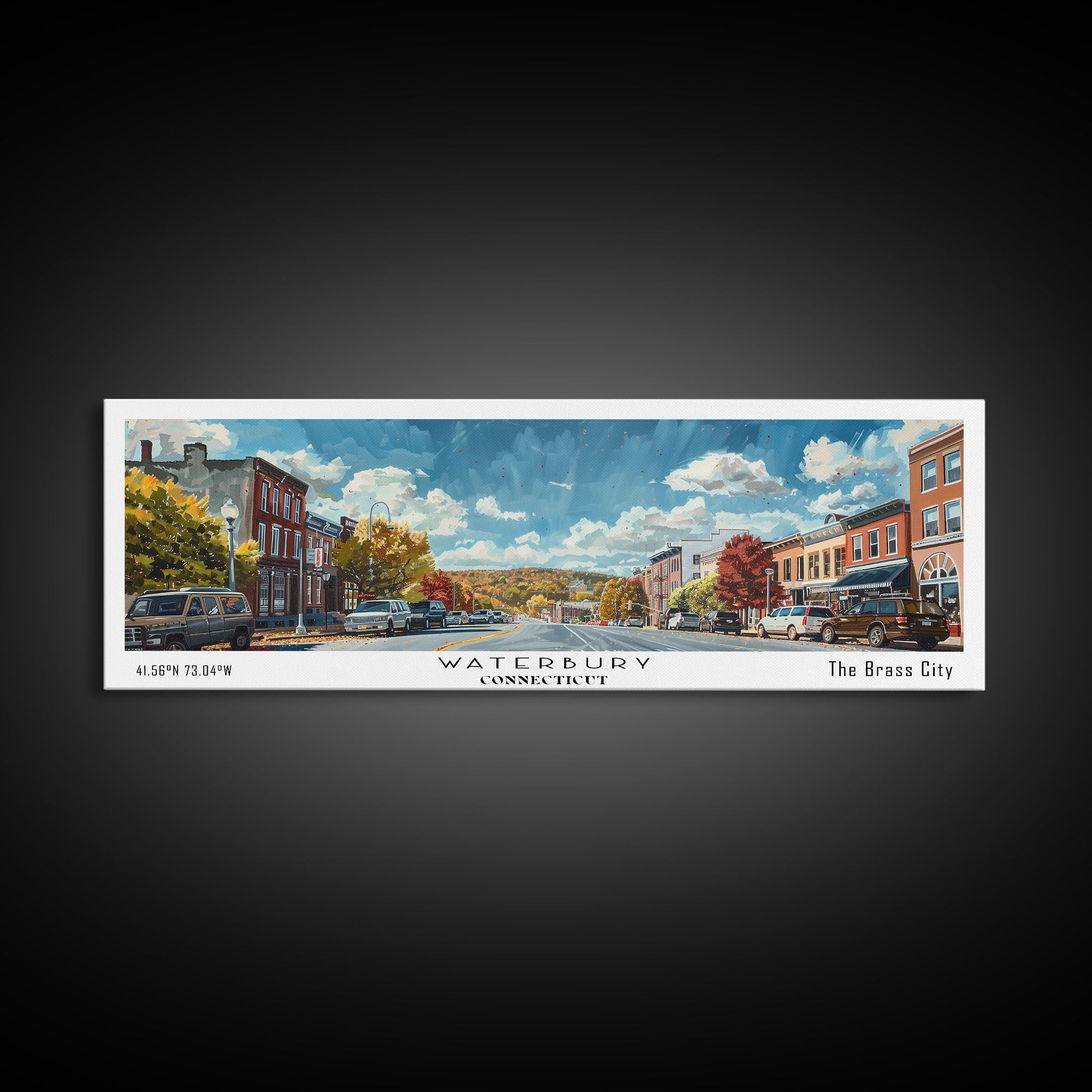 Waterbury Connecticut Panoramic Painting, Framed Canvas Print, Artistic Travel Poster, Retro Wall Art, Unique Office Decor, Living Room Gift