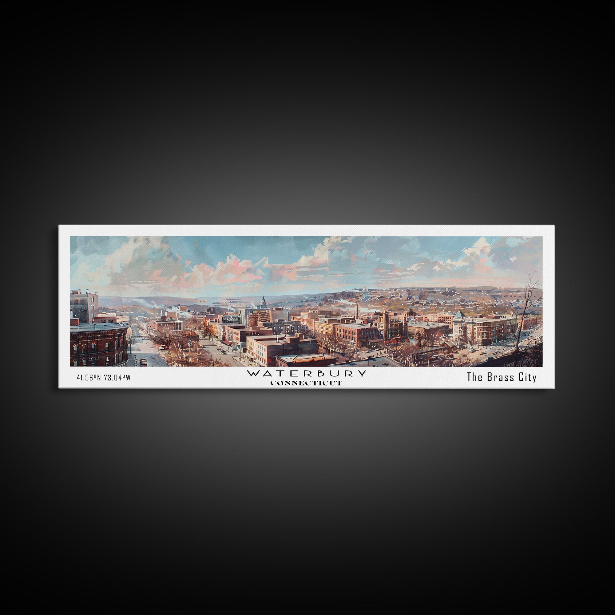 Waterbury Connecticut Panoramic Framed Canvas Print, Vintage Travel Poster, Artistic Wall Art, Unique Home Decor, Office Gift Idea