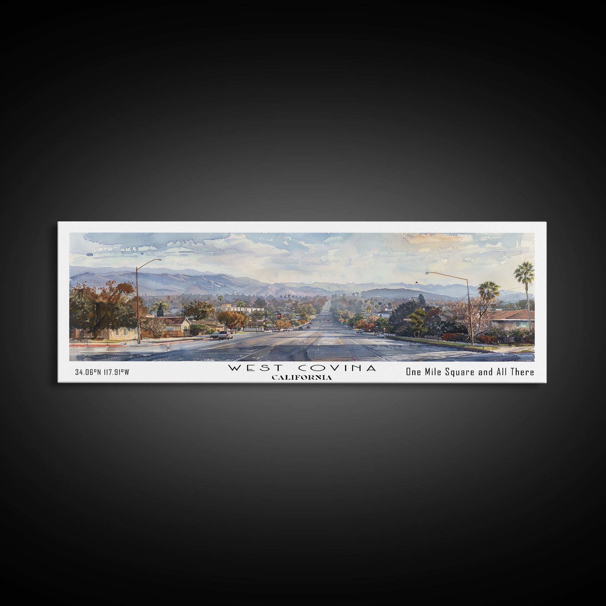 West Covina California Panoramic Painting, Framed Canvas Print, Vintage Travel Poster, Artistic Home Decor, Unique Office Wall Art