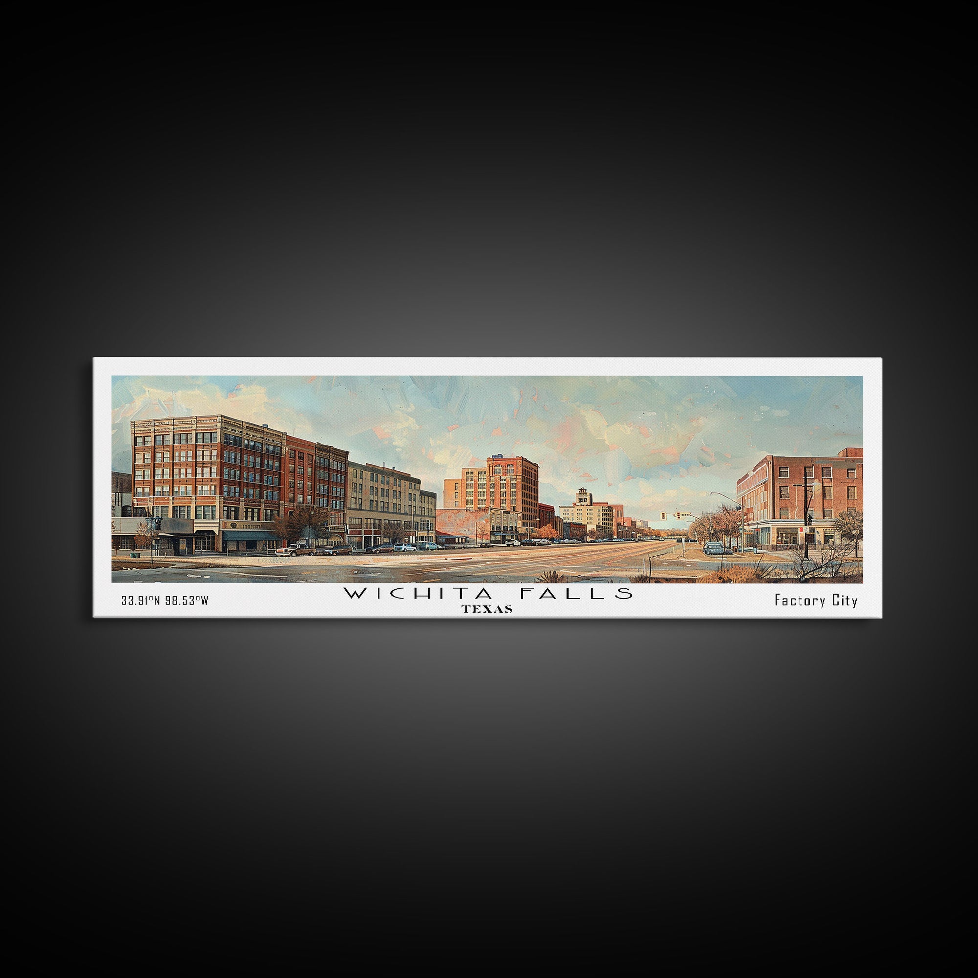 Wichita Falls Texas Panoramic Framed Canvas Print, Vintage Travel Poster, Unique Wall Art, Artistic Living Room Decor, Office Gift Idea