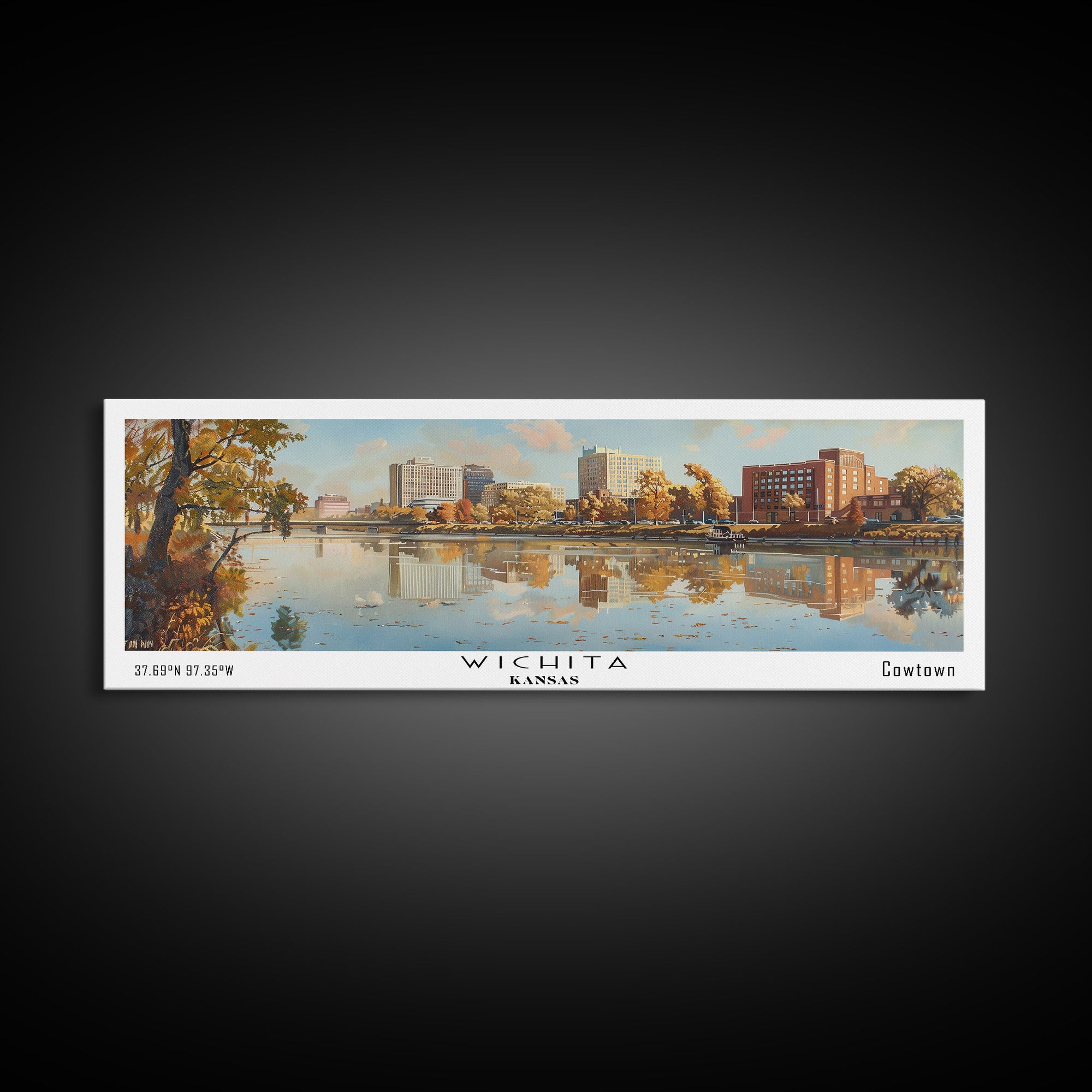 Wichita Kansas Panoramic Painting, Framed Canvas Print, Vintage Travel Poster, Artistic Home Decor, Unique Office Wall Art