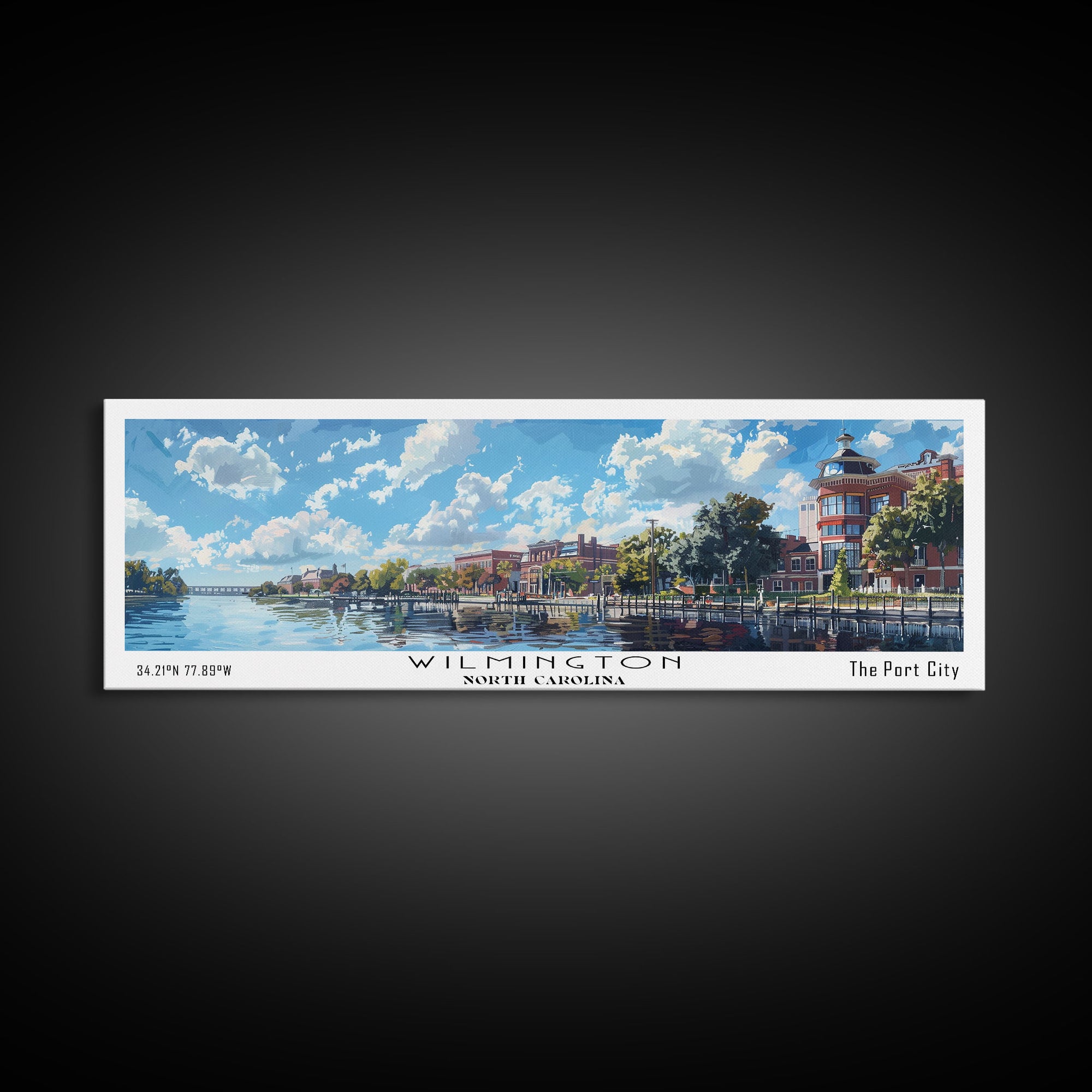 Wilmington North Carolina Panoramic Painting, Framed Canvas Print, Vintage Travel Poster, Artistic Wall Art, Unique Home Decor, Office Gift Idea