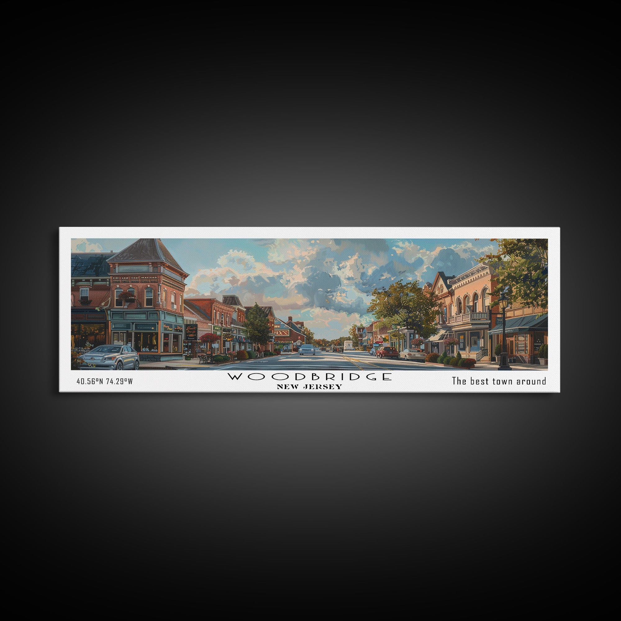 Woodbridge New Jersey Panoramic Framed Canvas Print, Artistic Travel Poster, Retro Wall Art, Unique Office Decor, Living Room Gift, Original Artwork