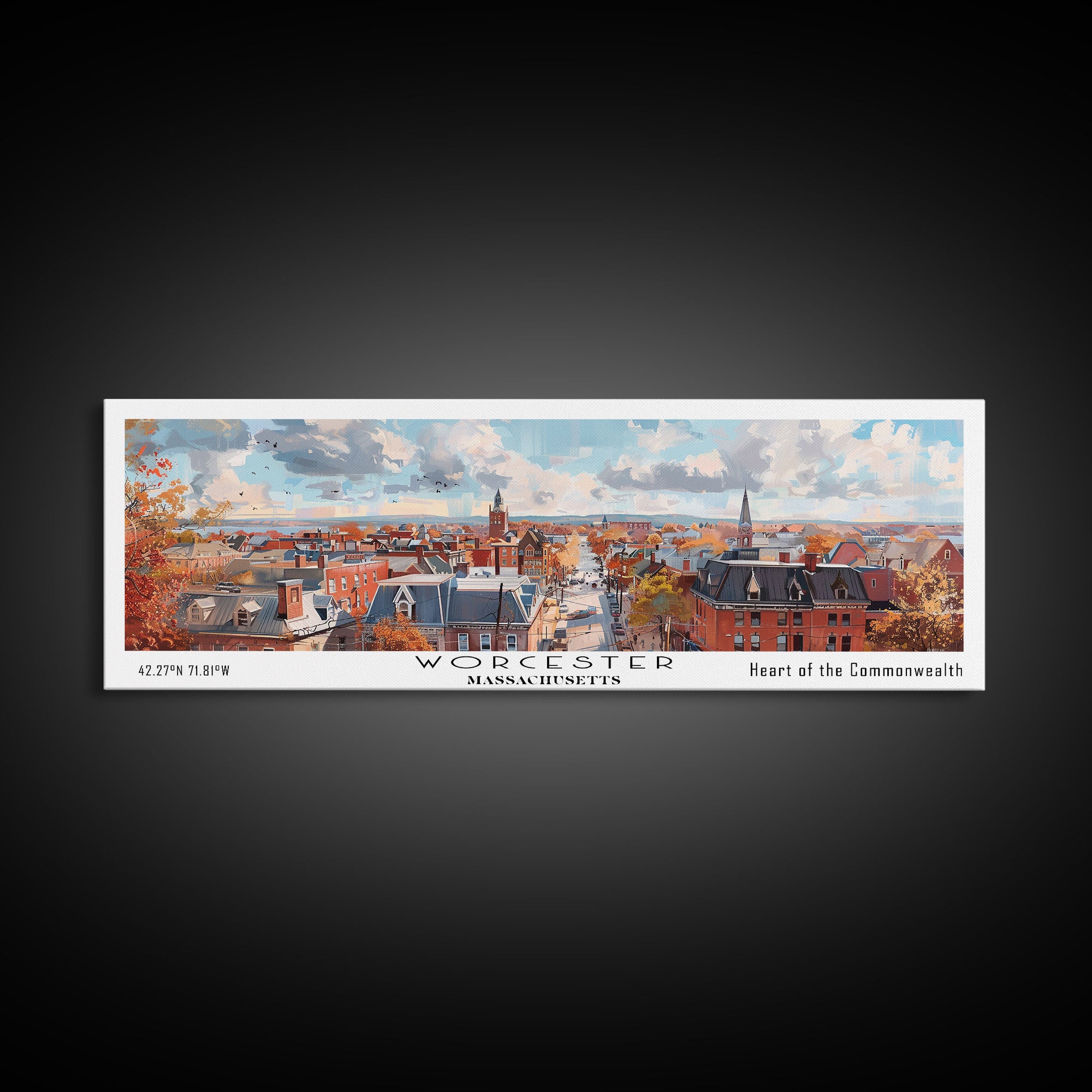 Worcester Massachusetts Panoramic Framed Canvas Print, Vintage Travel Poster, Artistic Wall Art, Unique Living Room Decor, Office Gift, Home Decoration