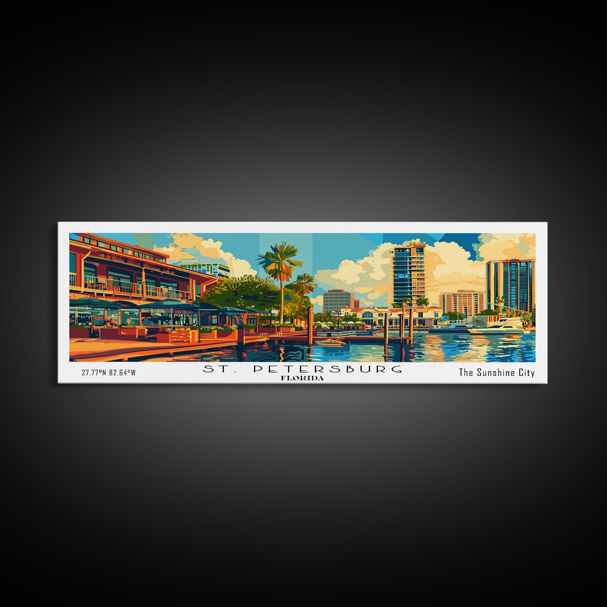 St. Petersburg Florida Panoramic Painting, Mid Century Modern Framed Canvas Print, Retro Pop Art Travel Poster, Wall Art, Home Decor