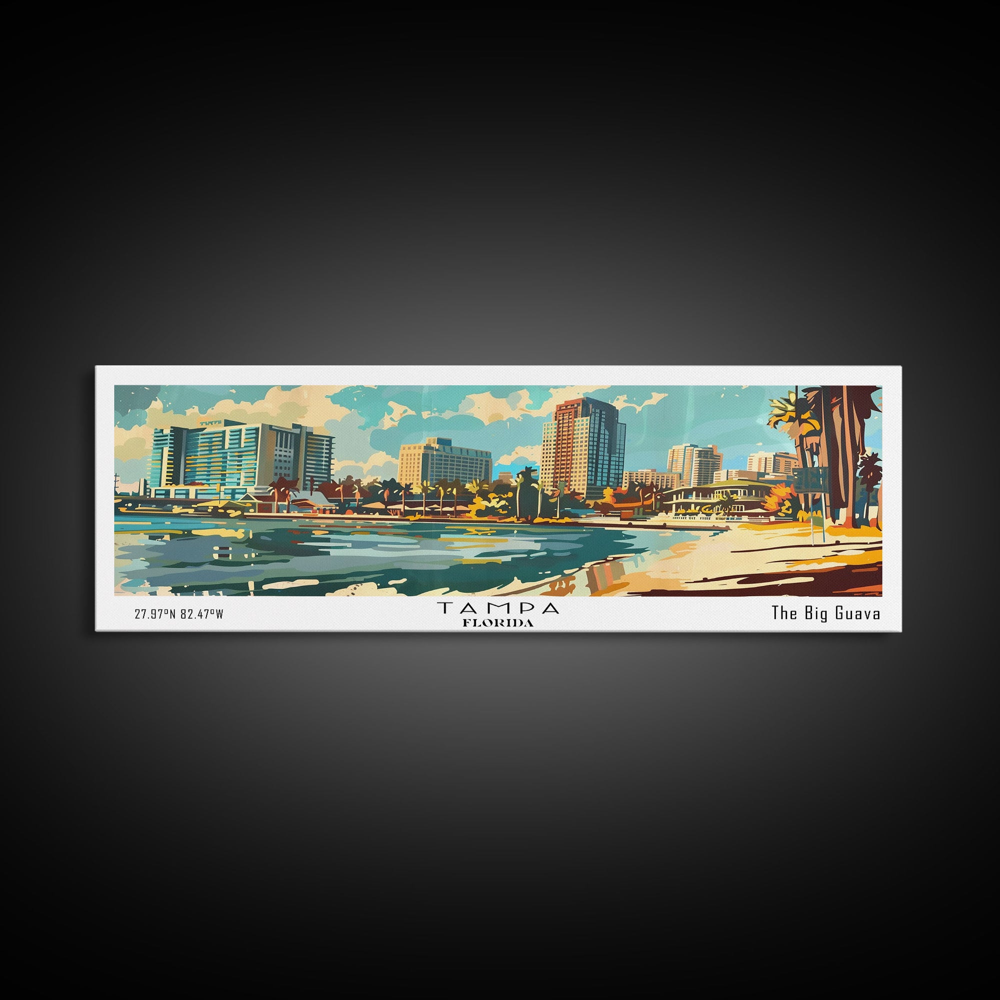 Tampa Florida Panoramic Wall Art, Mid Century Modern Framed Canvas Print, Retro Pop Art Travel Poster, Living Room and Office Wall Art