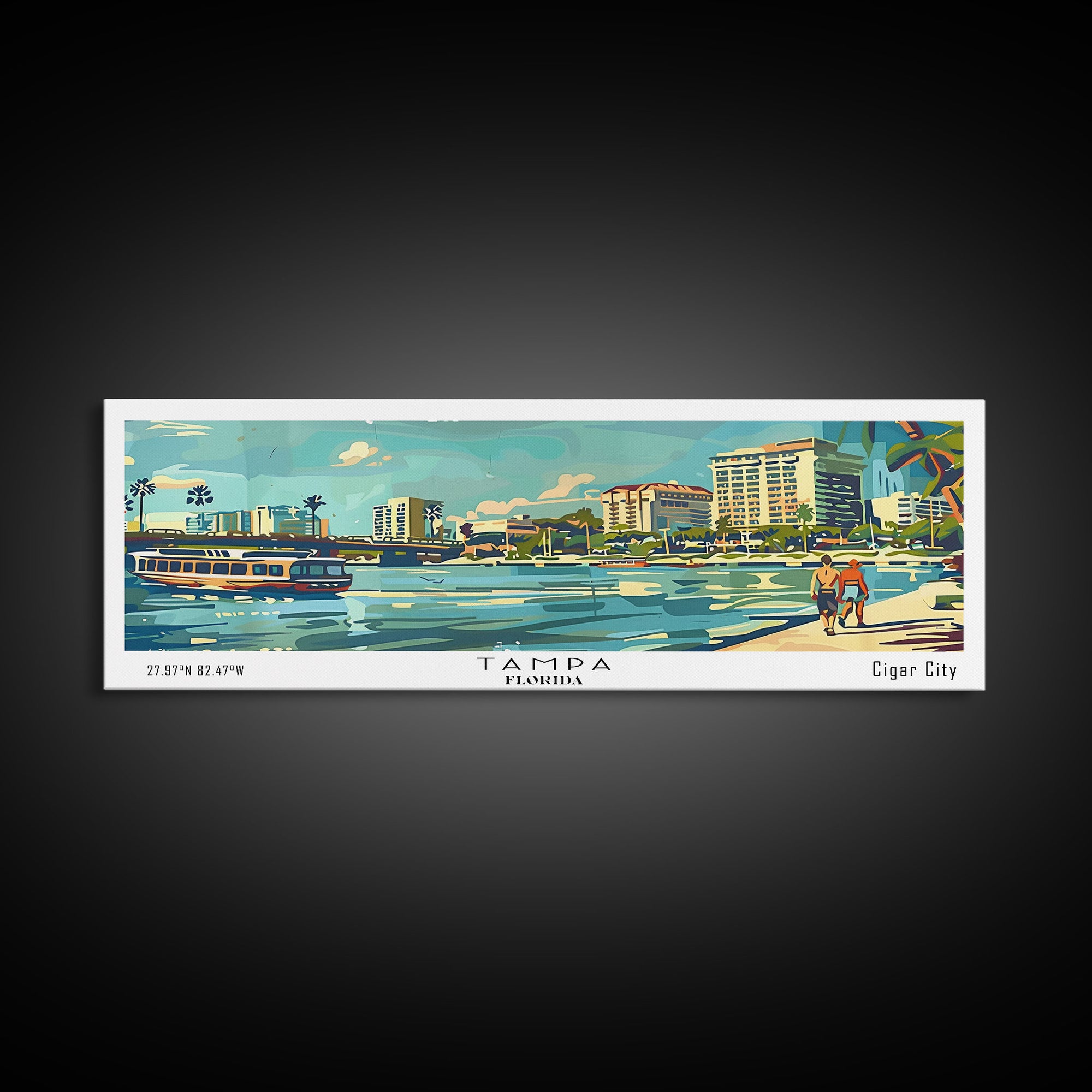 Tampa Florida Panoramic Painting, Mid Century Modern Framed Canvas Print, Retro Pop Art Travel Poster, Living Room and Office Decor