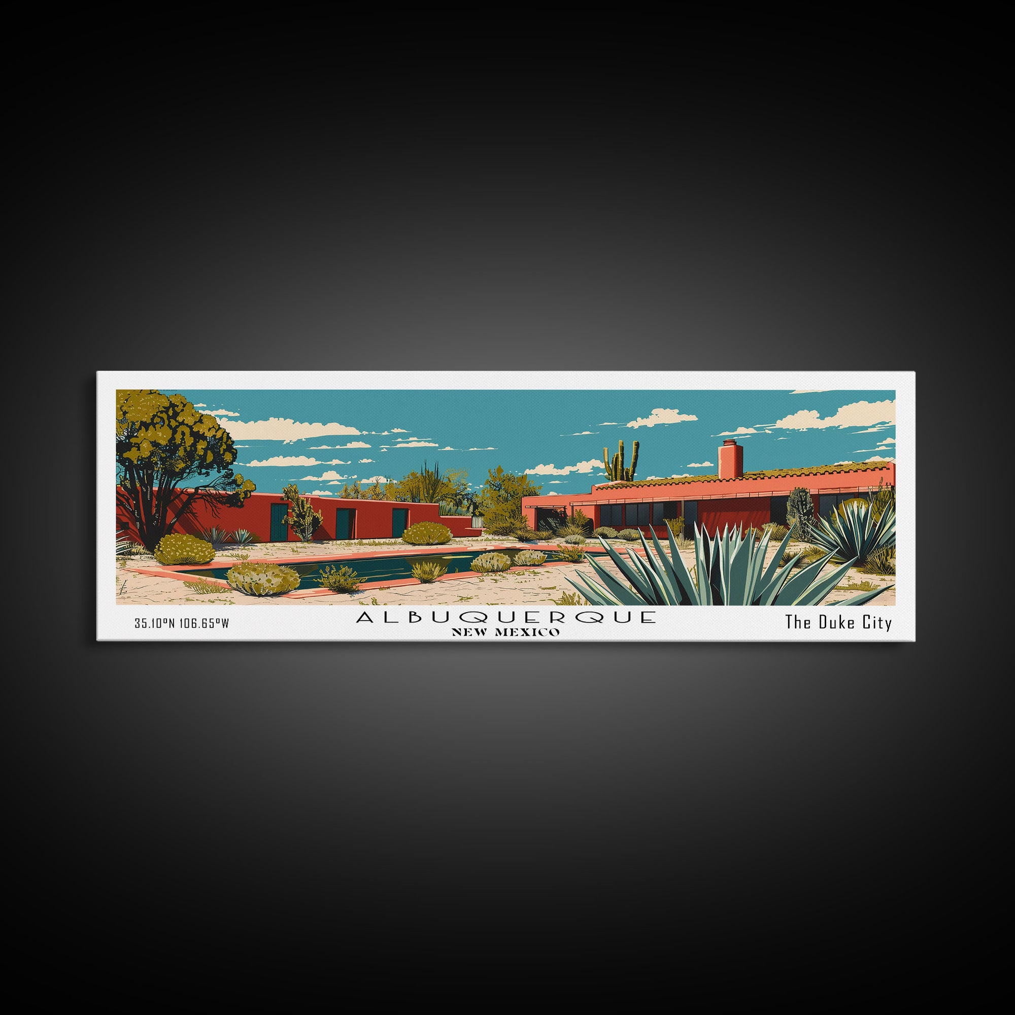 Albuquerque New Mexico Panoramic Painting, Mid Century Modern Framed Canvas Print, Retro Pop Art Travel Poster, Home Decor, City Print