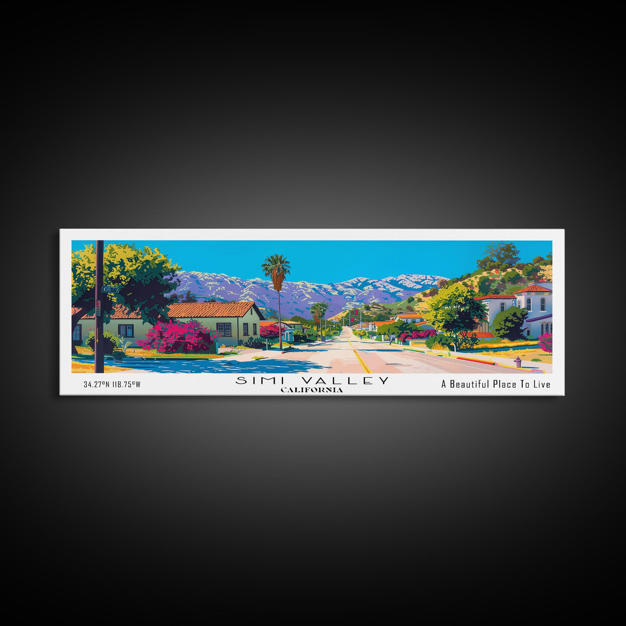 Simi Valley California Panoramic Painting, Mid Century Modern Framed Canvas Print, Retro Pop Art Travel Poster, Living Room Wall Art Decor