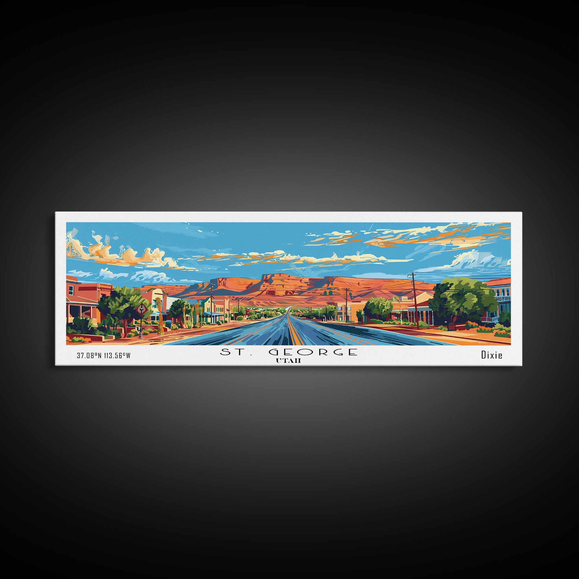 St. George Utah Panoramic Wall Art, Mid Century Modern Framed Canvas Print, Retro Pop Art Travel Poster, Office Wall Decor and Gift Idea