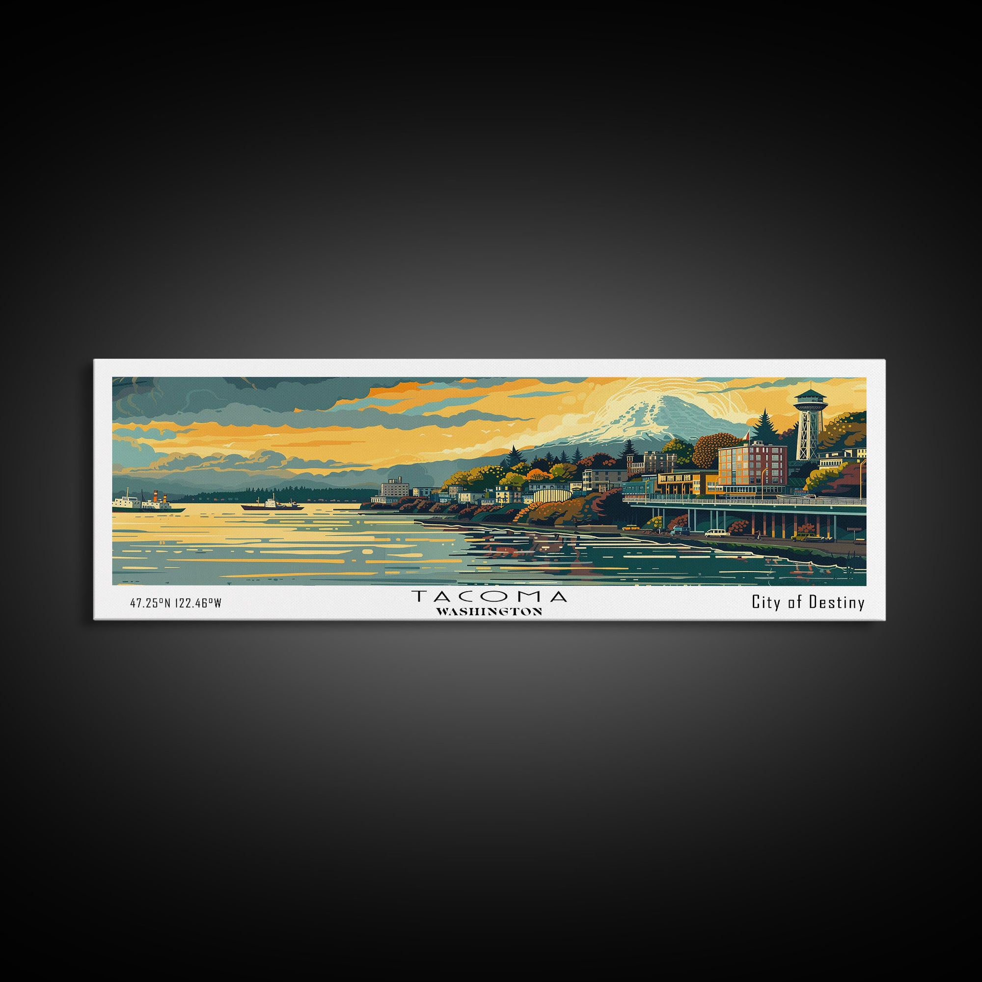 Tacoma Washington Panoramic Painting, Mid Century Modern Framed Canvas Print, Retro Pop Art Travel Poster, Wall Hanging for Home Decor