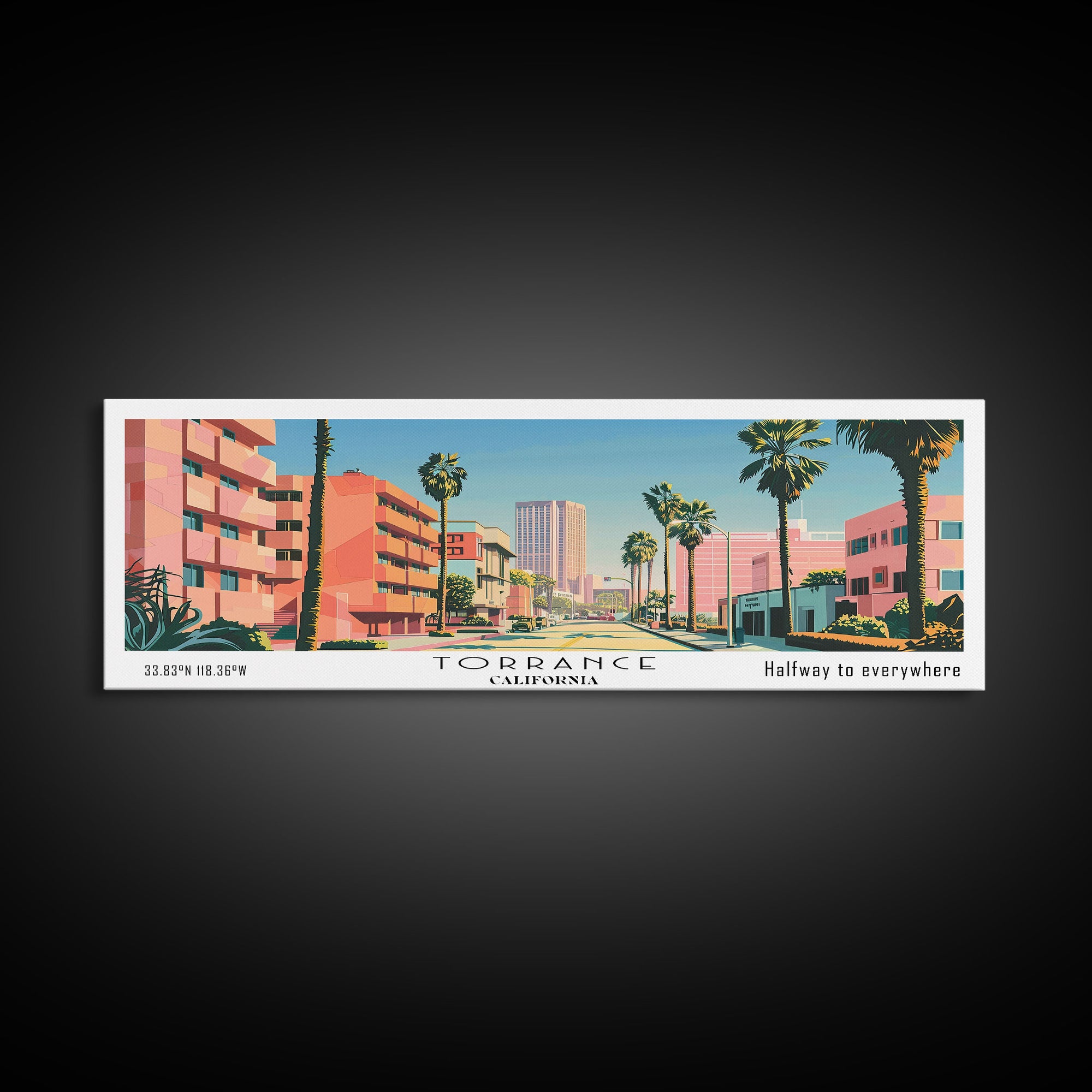 Torrance California Panoramic Wall Art, Mid Century Modern Framed Canvas Print, Retro Pop Art Travel Poster, Living Room and Office Decor