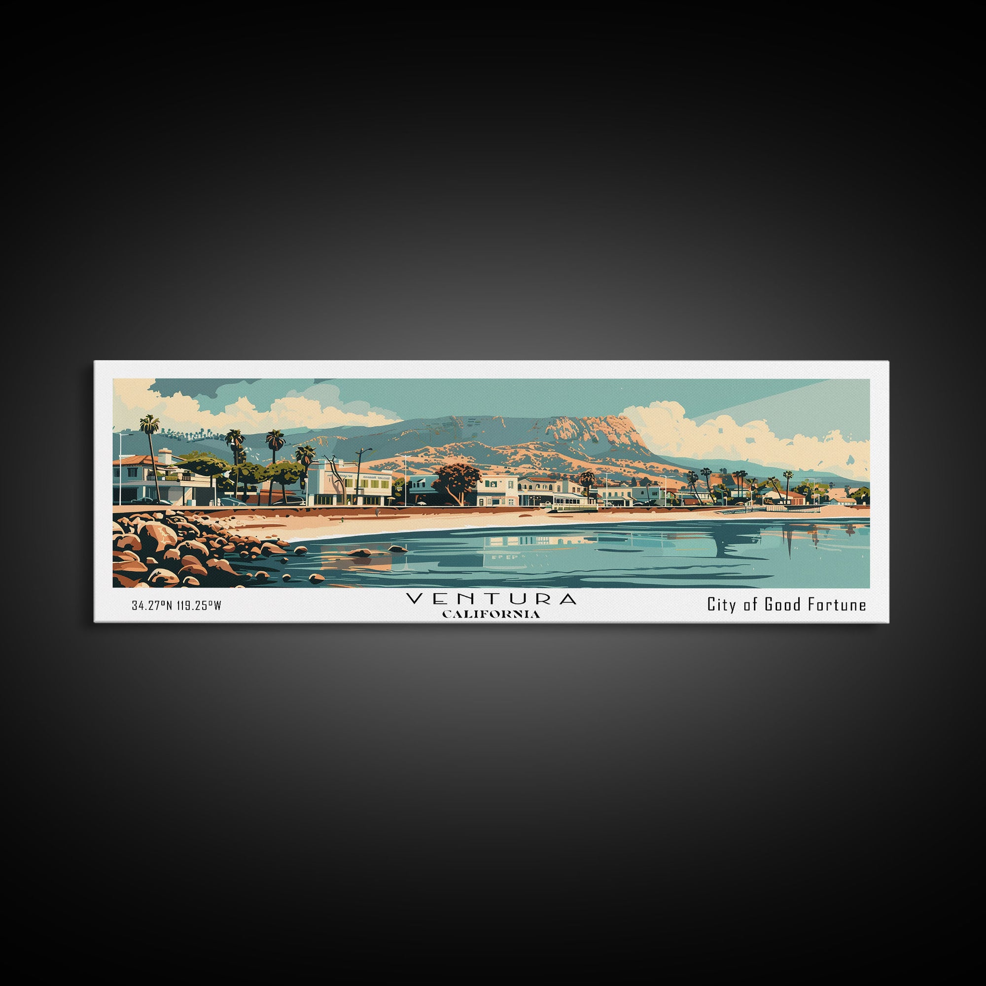 Ventura California Panoramic Wall Art, Mid Century Modern Framed Canvas Print, Retro Pop Art Travel Poster, City Art, Home Decoration