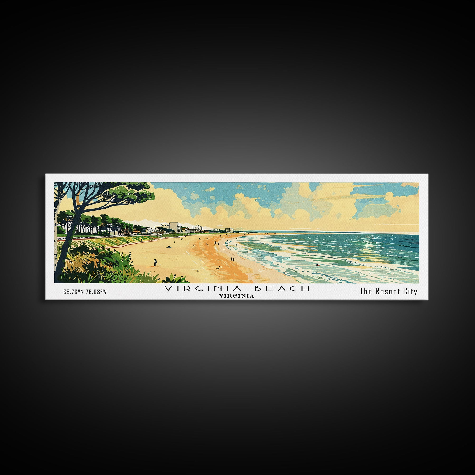 Virginia Beach Virginia Panoramic Painting, Mid Century Modern Framed Canvas Print, Retro Pop Art Travel Poster, Office Wall Art, Home Decoration