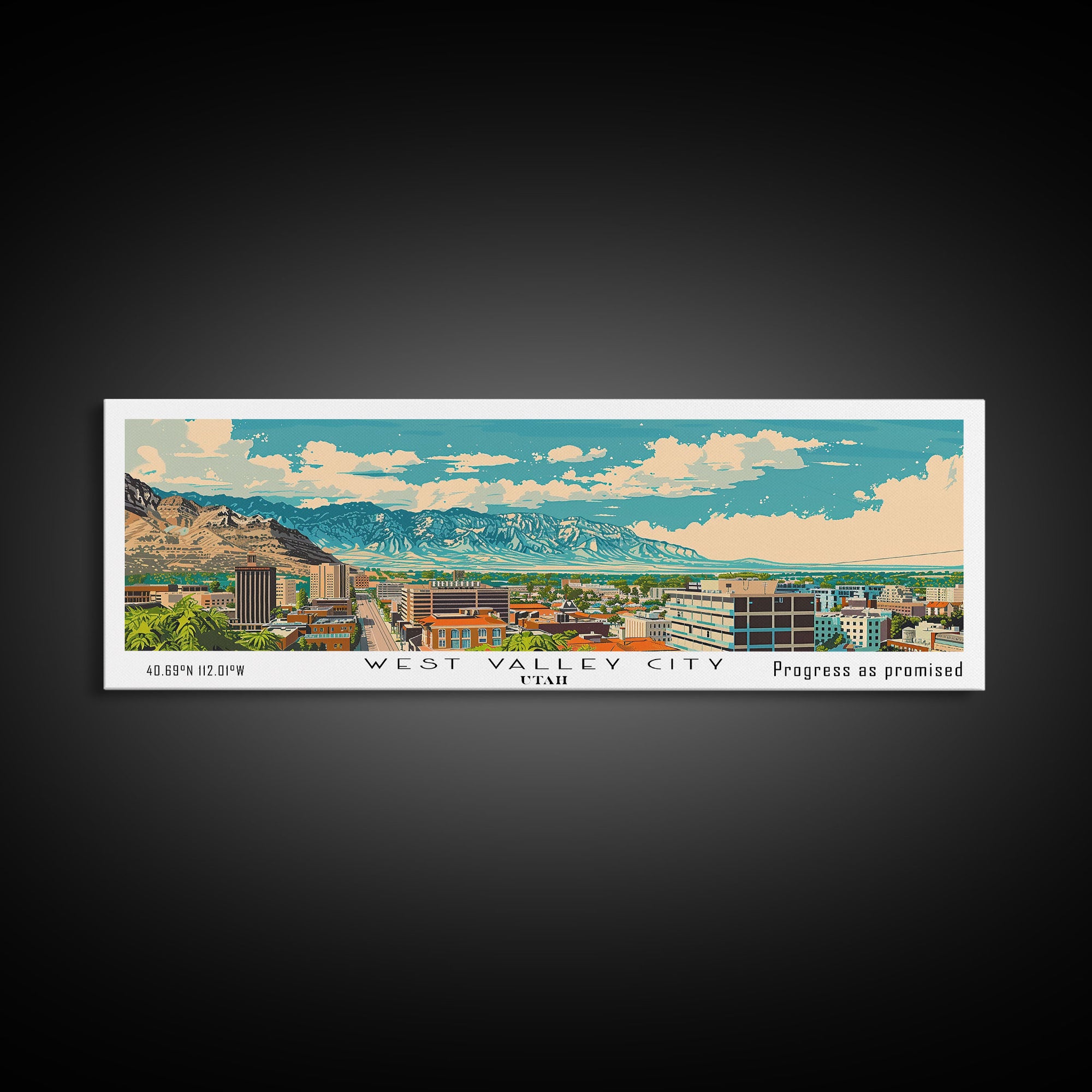 West Valley City Utah Panoramic Painting, Mid Century Modern Framed Canvas Print, Retro Pop Art Travel Poster, Office Wall Art, Home Decoration