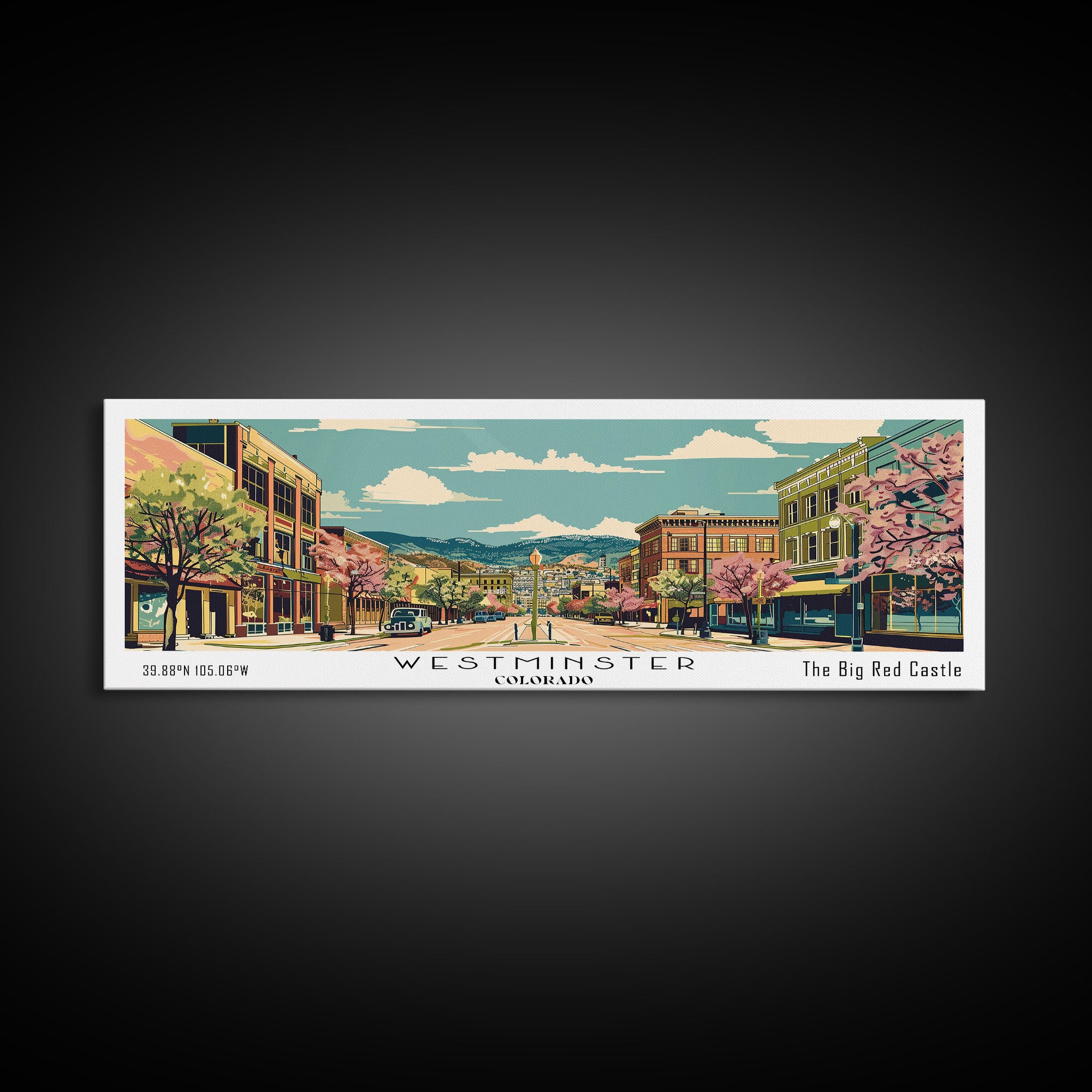 Westminster Colorado Panoramic Painting, Mid Century Modern Framed Canvas Print, Retro Pop Art Travel Poster, Office Wall Art, Home Decoration