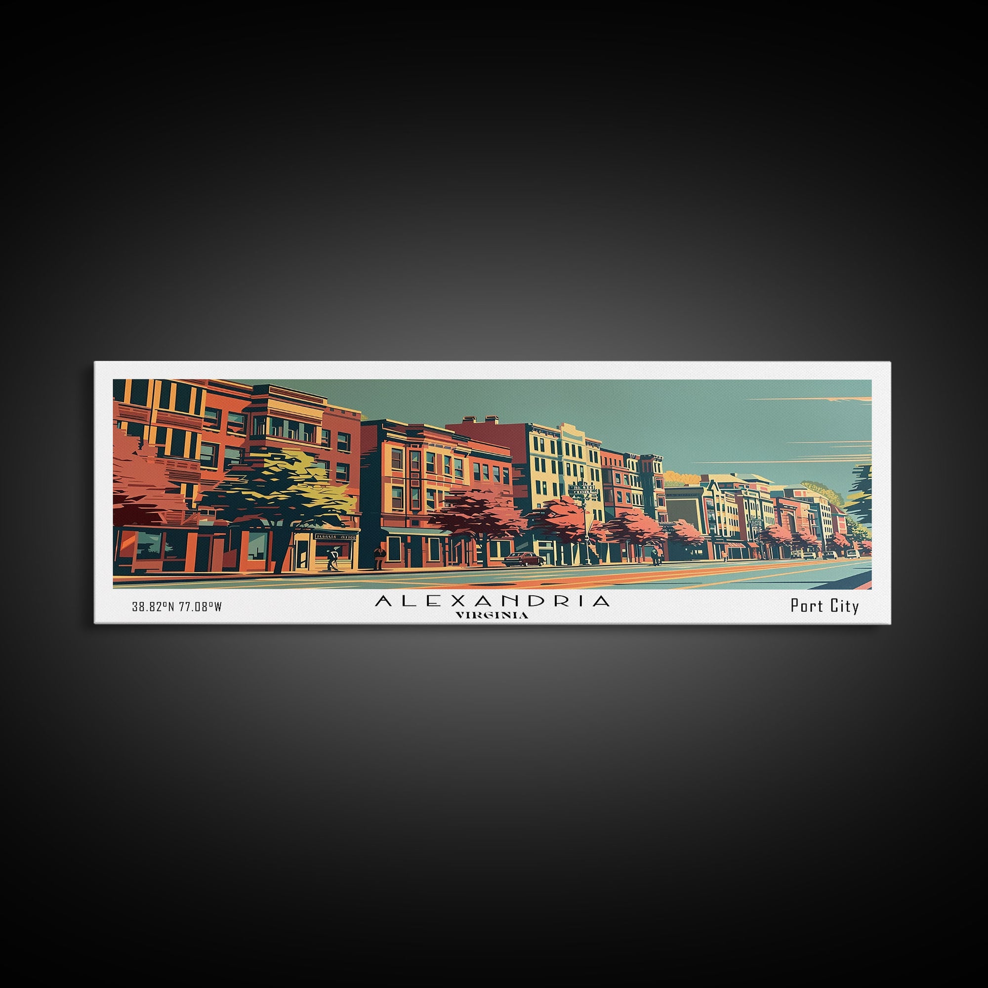 Alexandria Virginia Panoramic Painting, Framed Canvas Print, Mid Century Modern Wall Art, Retro Pop Art Travel Poster, Living Room Decor, City Art