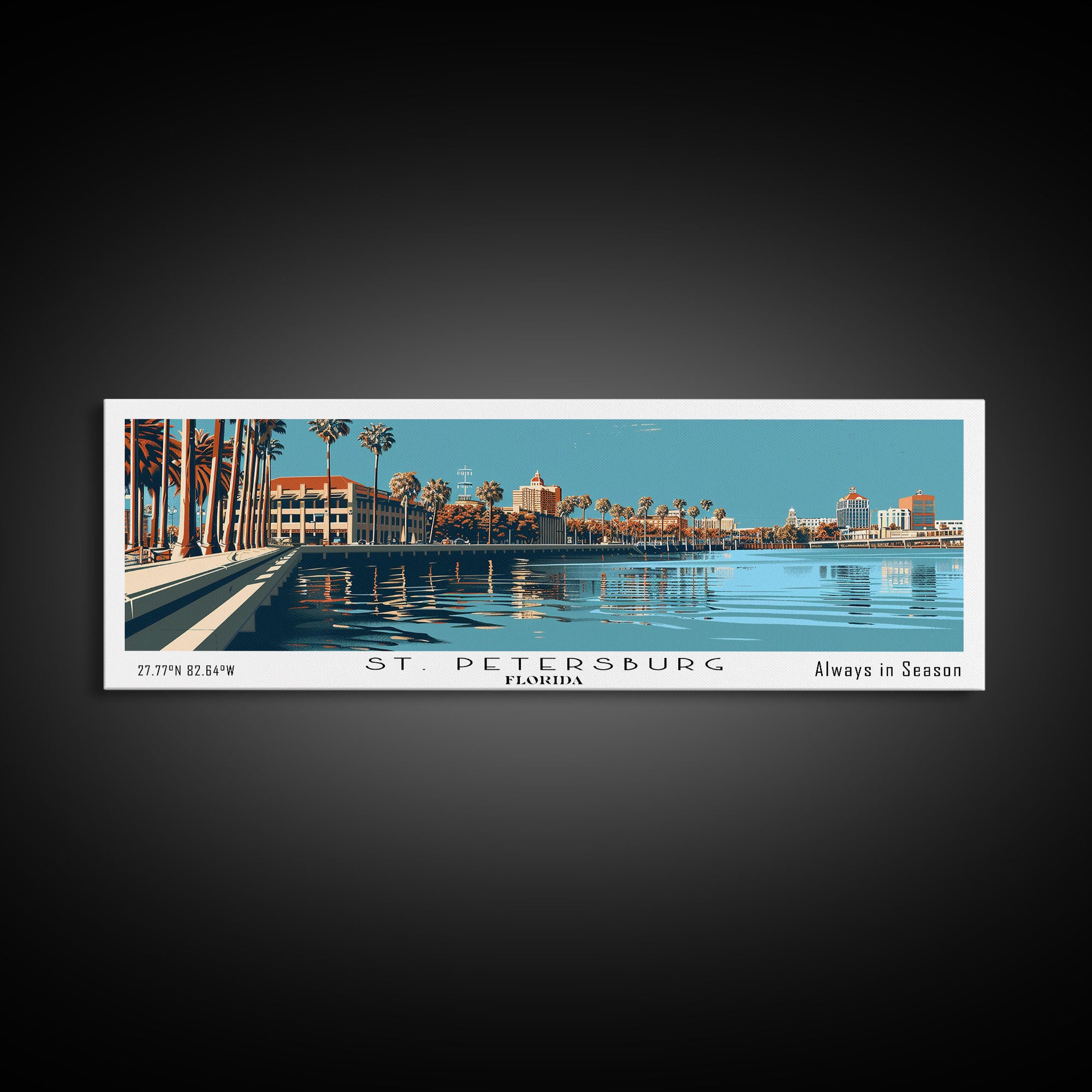 St. Petersburg Florida Panoramic Painting, Mid Century Modern Framed Canvas Print, Retro Pop Art Travel Poster, Cityscape, Home Decor, Office Wall Art