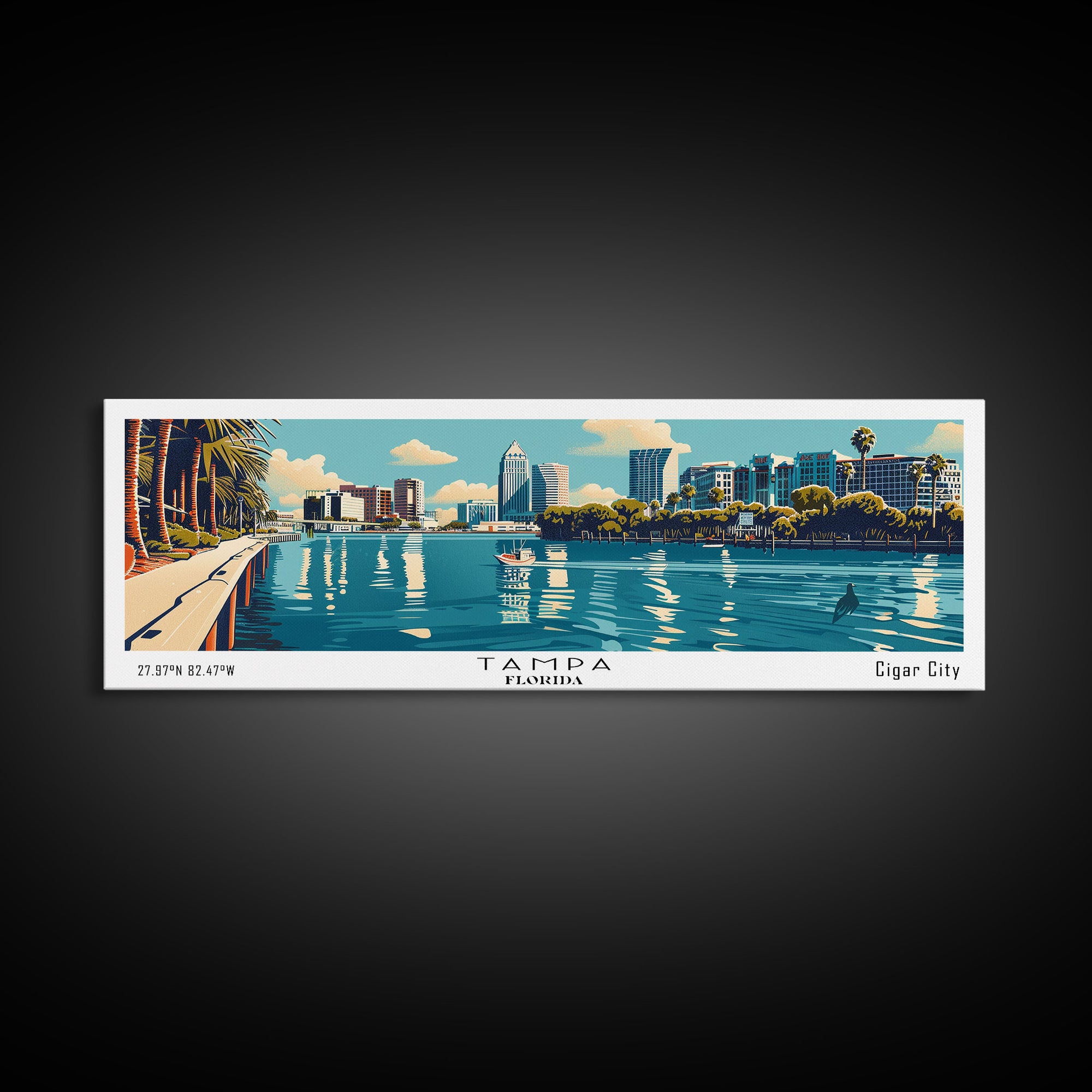 Tampa Florida Panoramic Wall Art, Mid Century Modern Framed Canvas Print, Retro Pop Art Cityscape, Travel Poster, Living Room Decor